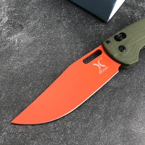 Folding Knife with Orange Blade and Green Handle for Camping and Hunting