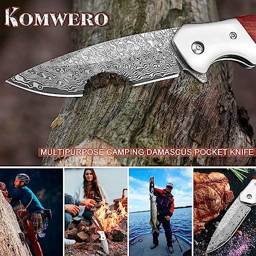 KOMWERO Damascus Steel Pocket Knife, VG10 Blade, 3.34" Length, Hunting Knife