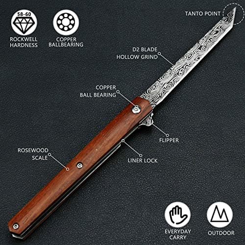 Double Action Pocket Knife with Damascus Pattern D2 Stainless Blade, Wood Handle, Leather Sheath