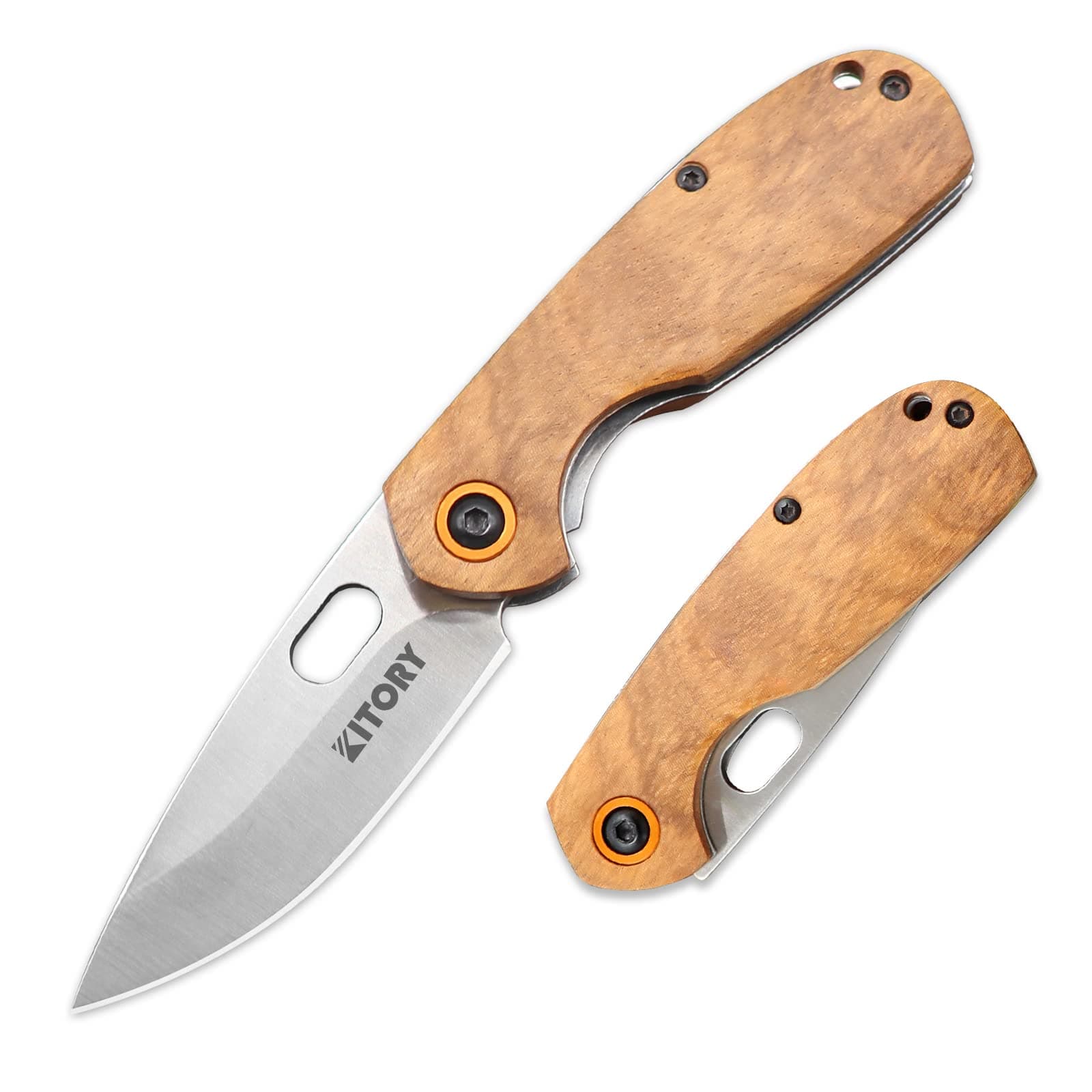 Kitory 2.7" EDC Folding Knife, D2 Stainless Steel, Wood Handle, Lanyard Hole, 2023 Gift
