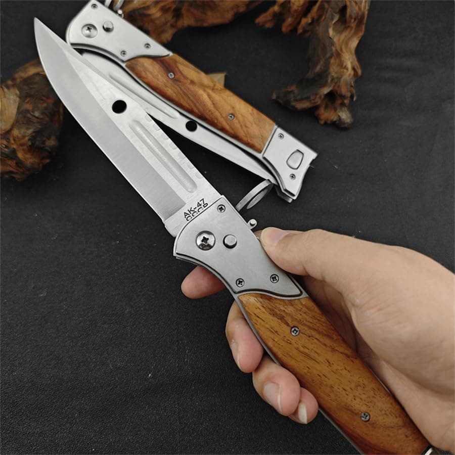 Goshawk AK47 13" Large Button Lock Tactical Knife，440C Steel，Wood Handle，EDC Gift for Men