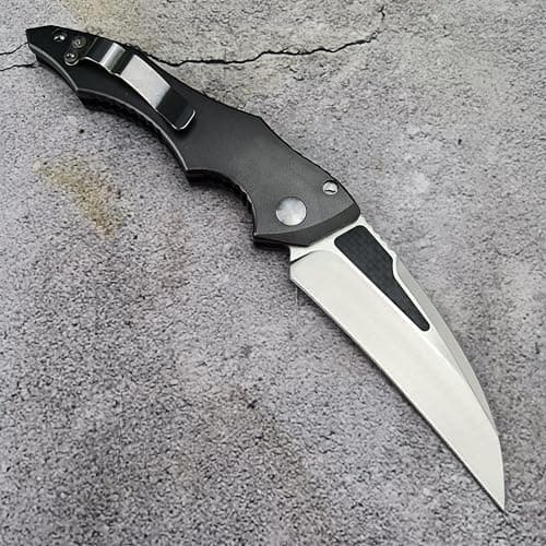 8.9'' Button Lock Folding Pocket Knife, D2 Blade Steel, Carbon Fiber Handle, Gray, EDC for Camping and Hunting
