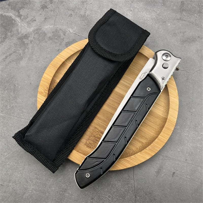 12 Large Push Button Lock Pocket Knife EDC for Camping, Hunting, Hiking (Black)