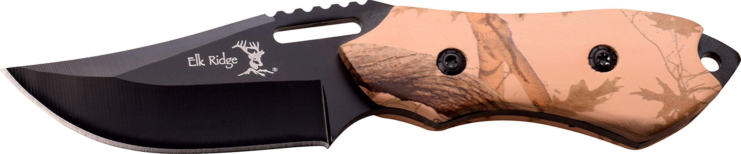 Elk Ridge Fixed Blade Knife - 3-in Black Stainless Steel, Camo Coated Wood Handle, 1680D Nylon Sheath