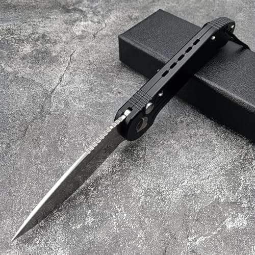 HUAAO 8" Assisted Opening Knife, Button Lock, Stonewashed Blade, Aviation Aluminum Handles, Clip for Everyday Carry & Ou