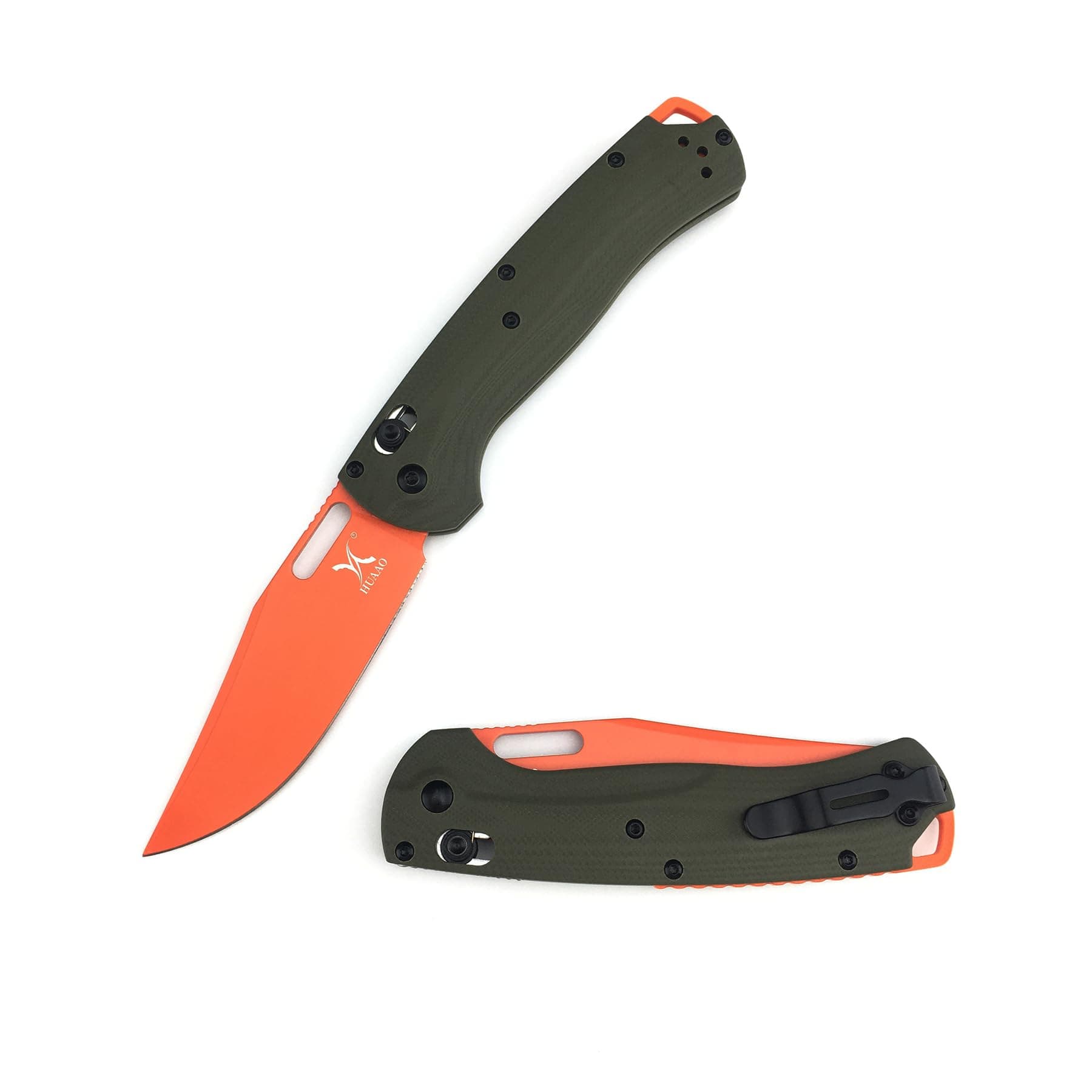 Folding Knife for Camping and Hunting with Orange Blade and Green Handle