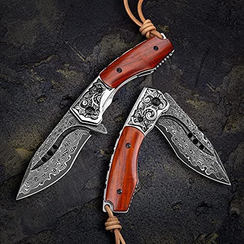 Japanese handmade Damascus steel folding knife with rosewood handle, 3.1in tanto blade, leather sheath, EDC for men, cam