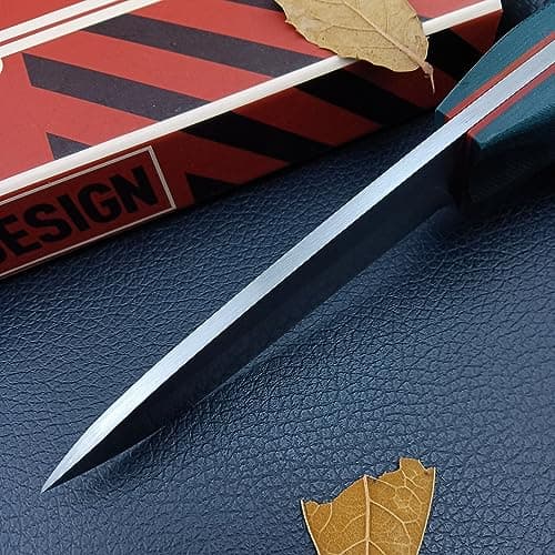 Outdoor Bushcraft Knife with Leather Sheath, Full Tang Blade and Green G10 Handle