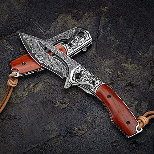 Japanese handmade Damascus steel folding knife with rosewood handle, 3.1in tanto blade, leather sheath, EDC for men, cam
