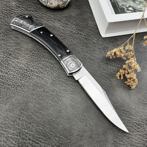 HUAAO 8.6 Folding Pocket Knife with D2 Steel Blade and Micarta Handle - Perfect Gift for Men (Black)