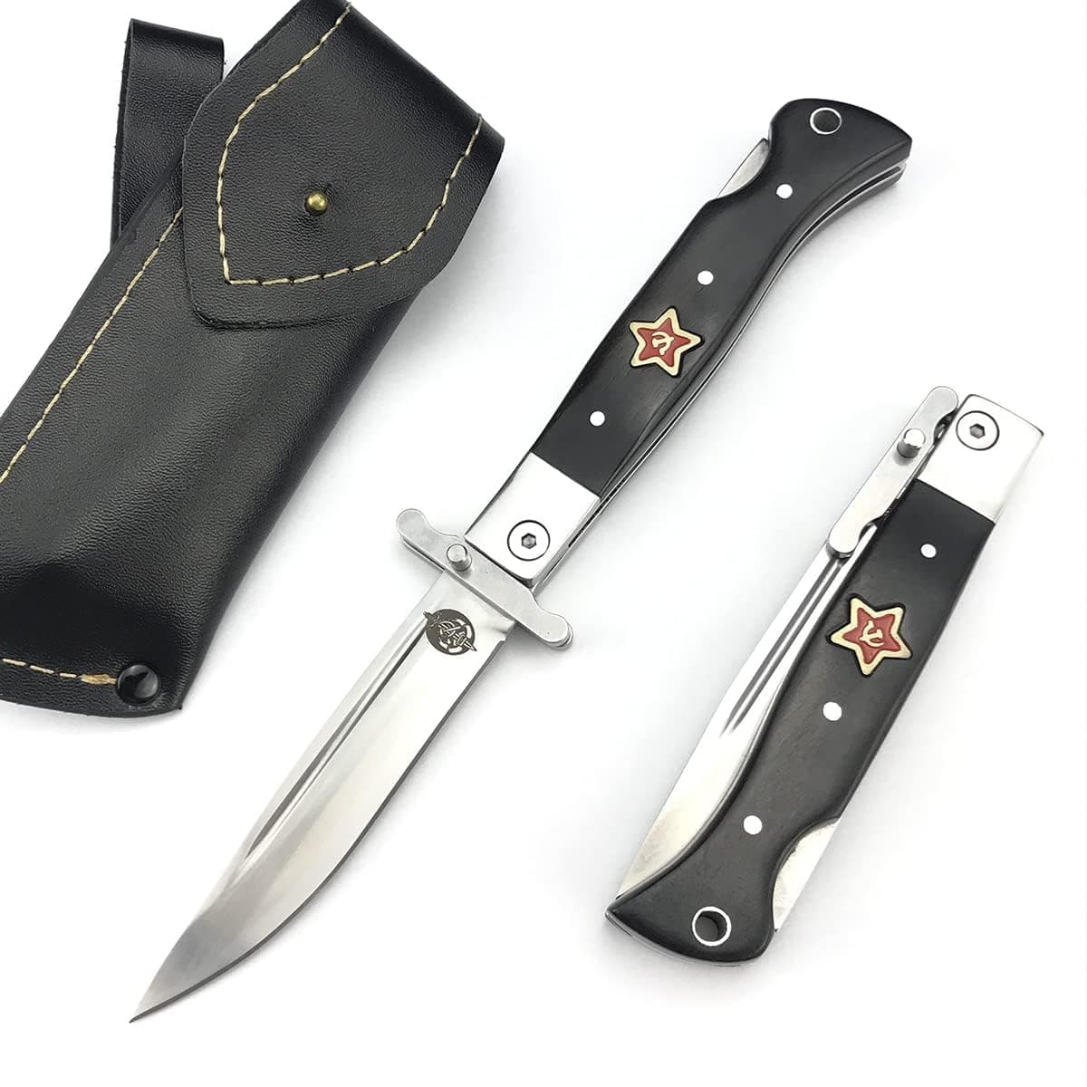 8.7inch Tactical Lockback Knife, Wood Handle, 440C Steel, Leather Sheath