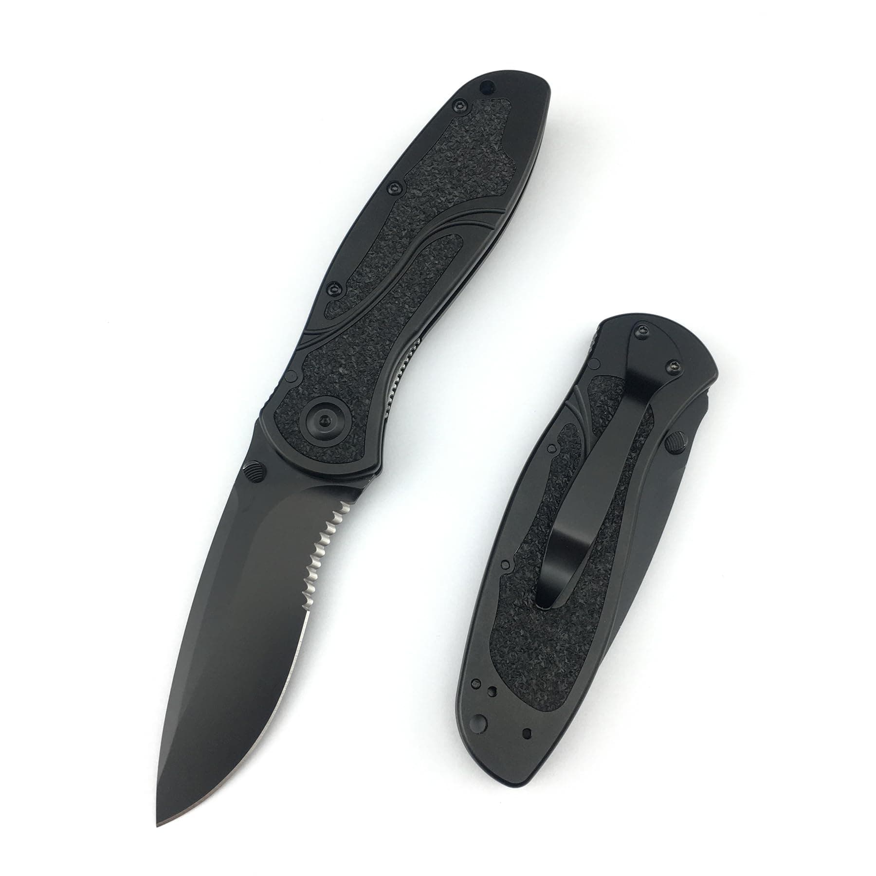 7.8 Inch Black Assisted Opening Blade Knife, 8Cr13Mov Steel, Thumb Stud, Aluminum Handle, SerratedPocketclip EDC