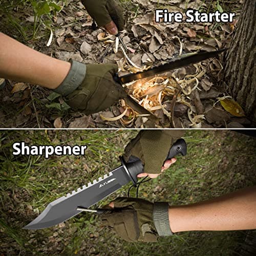 Flsissa 15-inch Full Tang Hunting Knife with Sheath & Sharpener for Camping & Survival