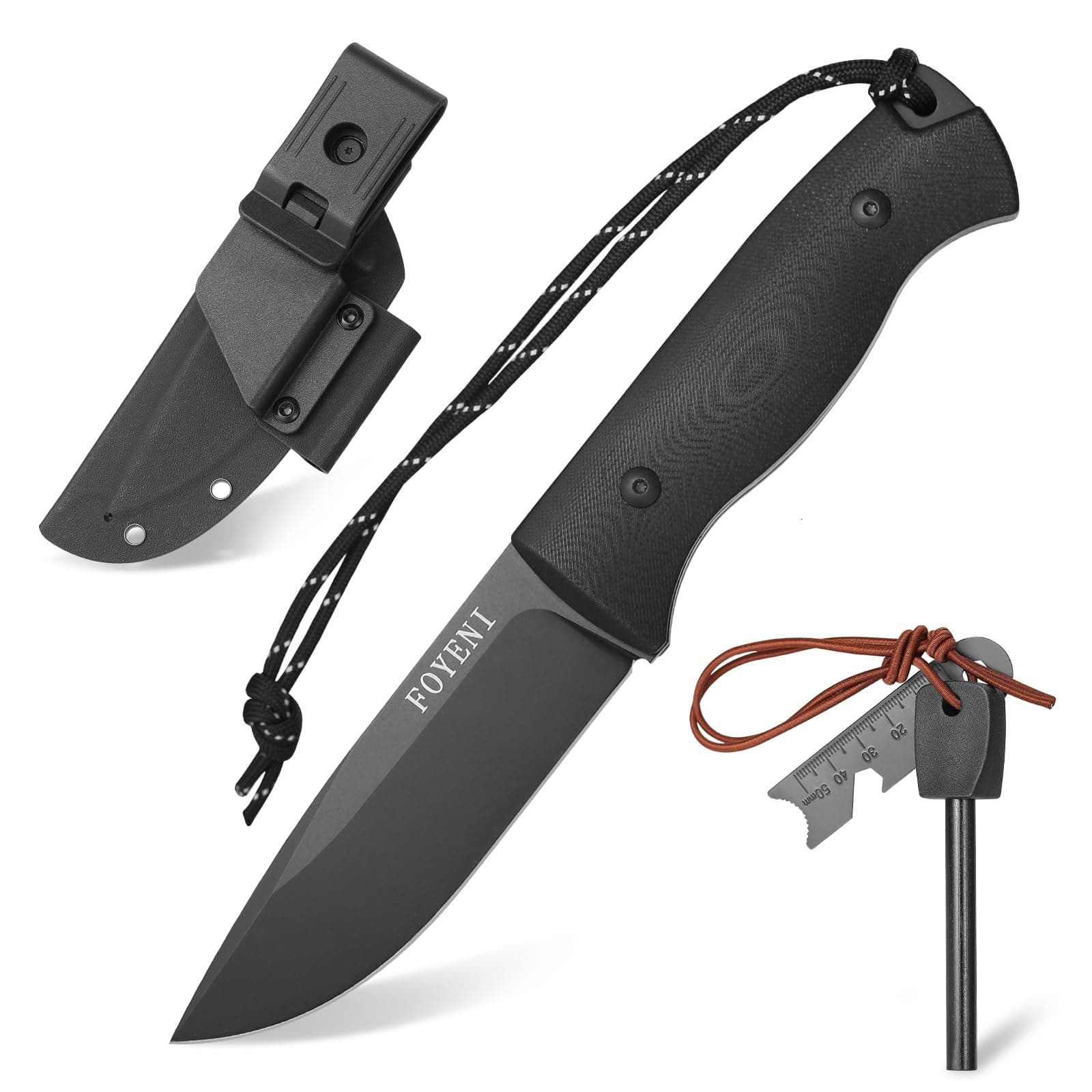9.7" Full Tang Survival Knife with Fire Starter & Kydex Sheath for Bushcraft, Outdoor, Hunting, Fishing, Camping