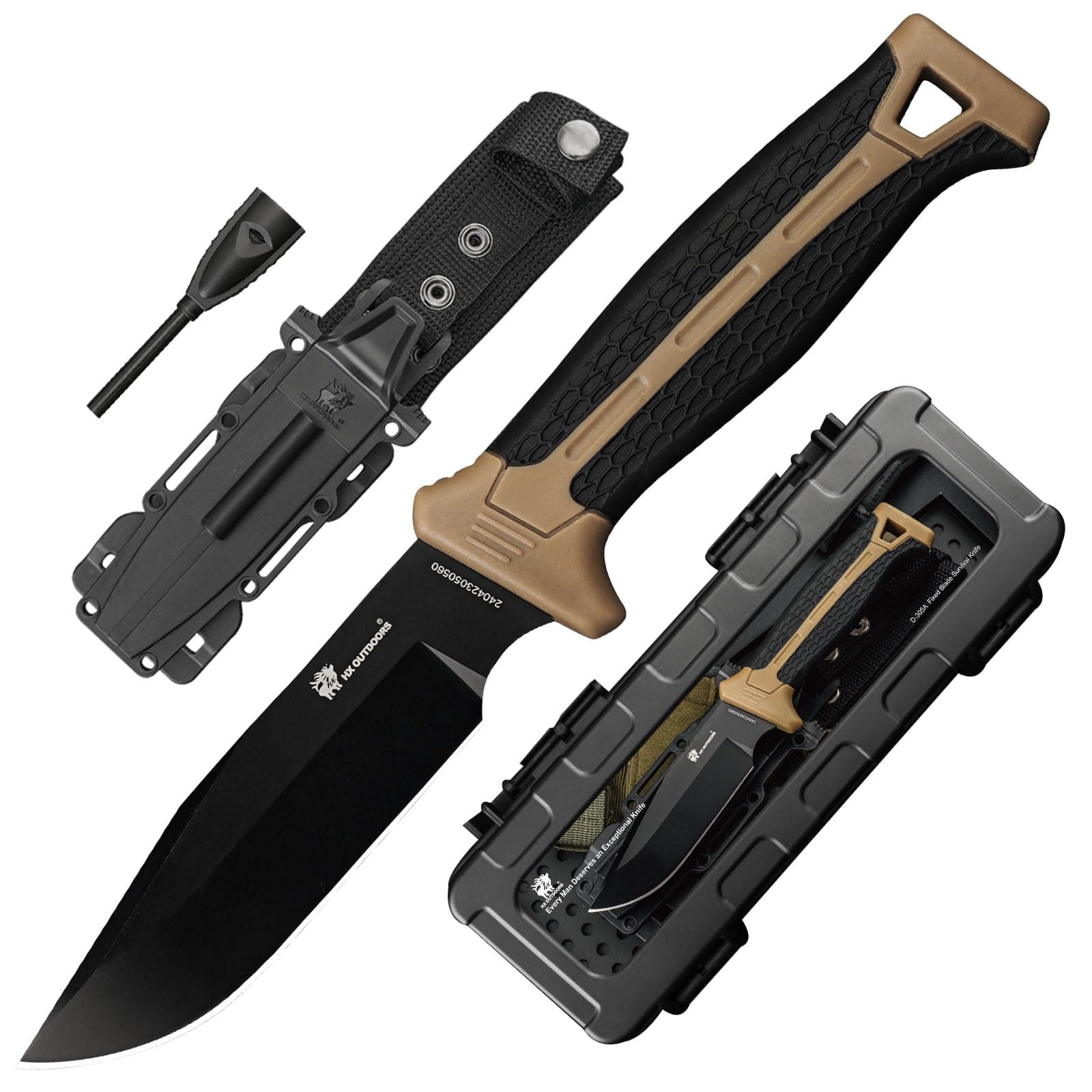 Extra Sharp Bushcraft Knife with Fire Starter, D2 Steel Fixed Blade Camp Knife for Outdoor Adventures (Brown)