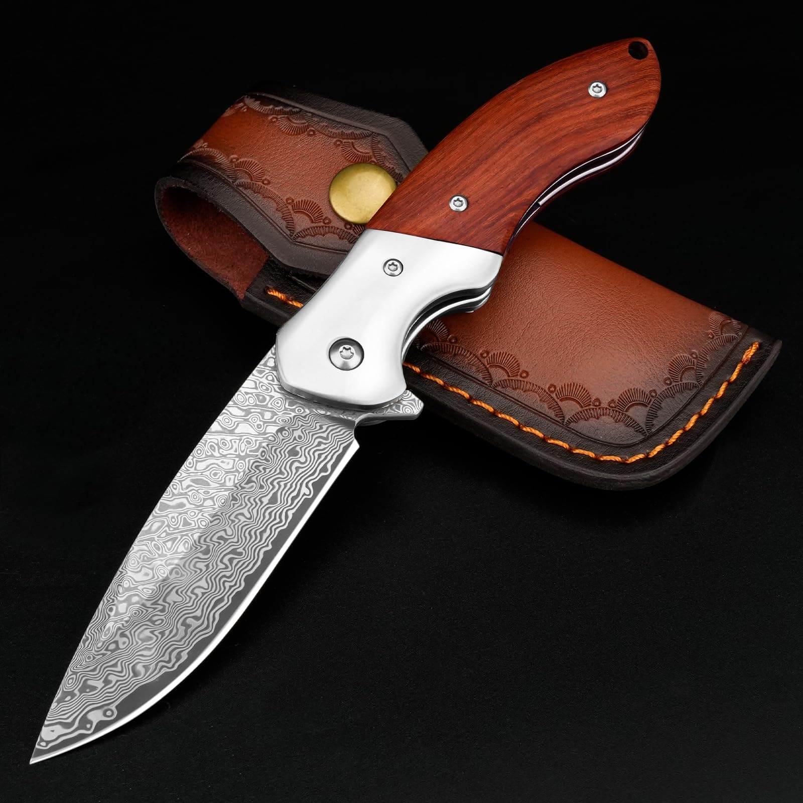 KOMWERO Damascus Steel Pocket Knife, VG10 Blade, 3.34" Length, Hunting Knife