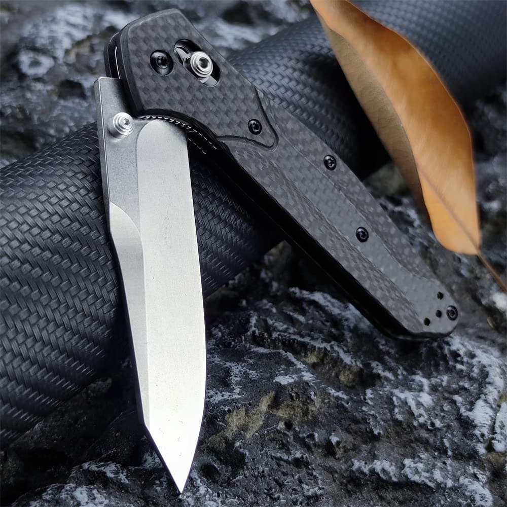 Outdoor Folding Pocket Knife, Reverse Tanto Blade, Black Carbon Fiber Handle