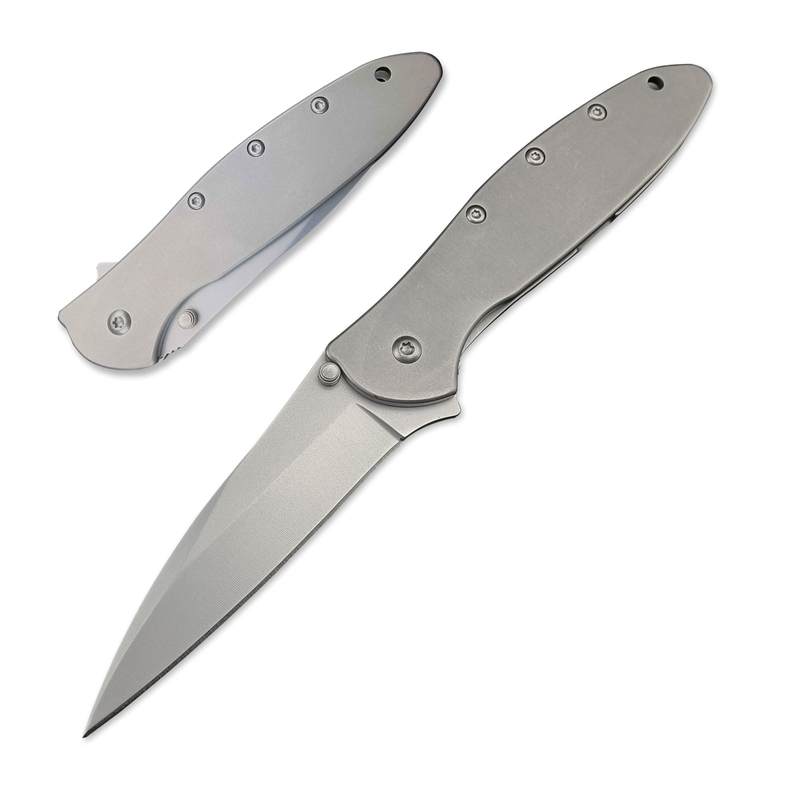 HUAAO Outdoor 3" Bead Blast Plain Blade Frame Lock Knife, Stainless Steel Handles, Reversible Pocketclip