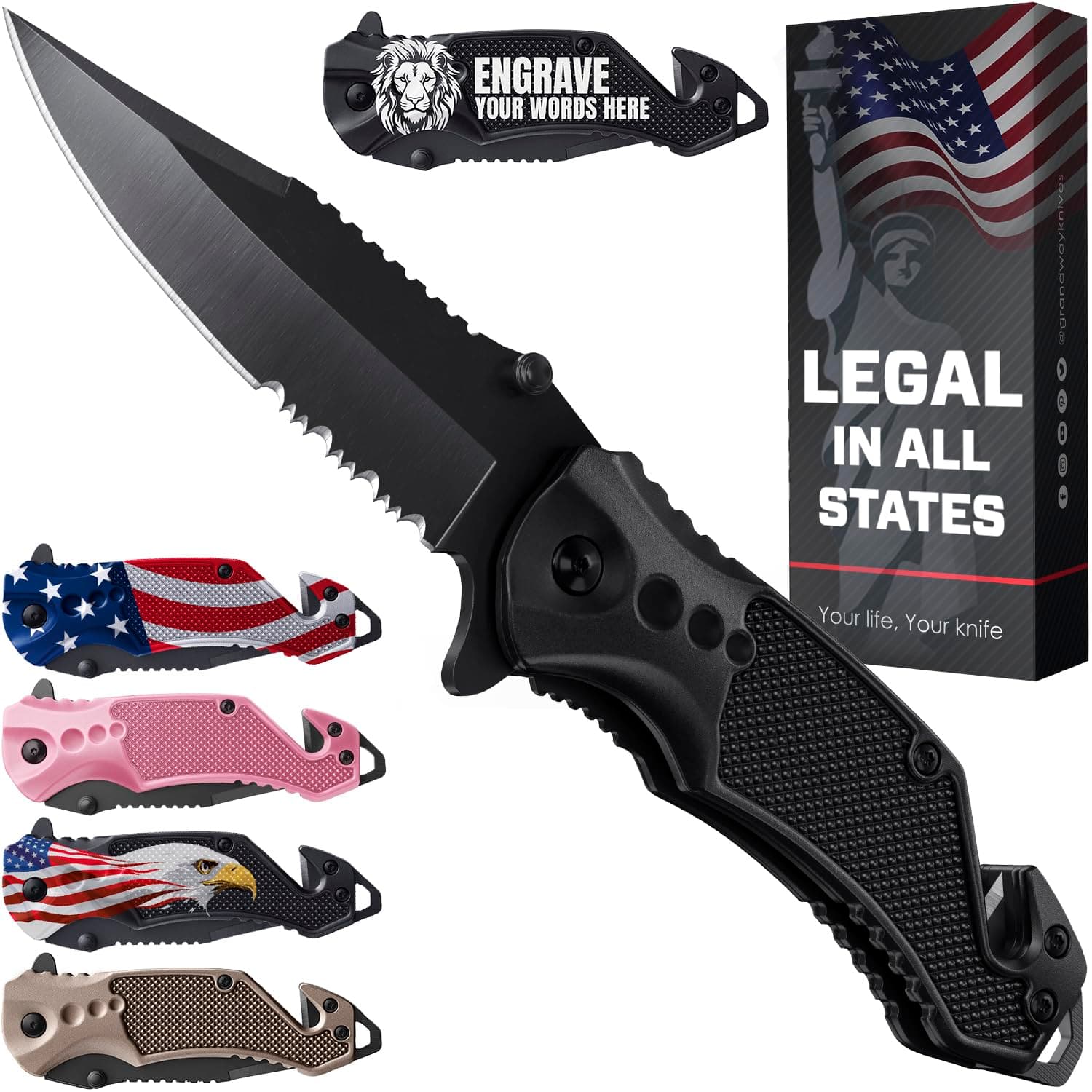 Legal Pocket Knife with Serrated Blade - EDC Folding Knife - Glass Breaker, Seat Belt Cutter - Gifts for Men