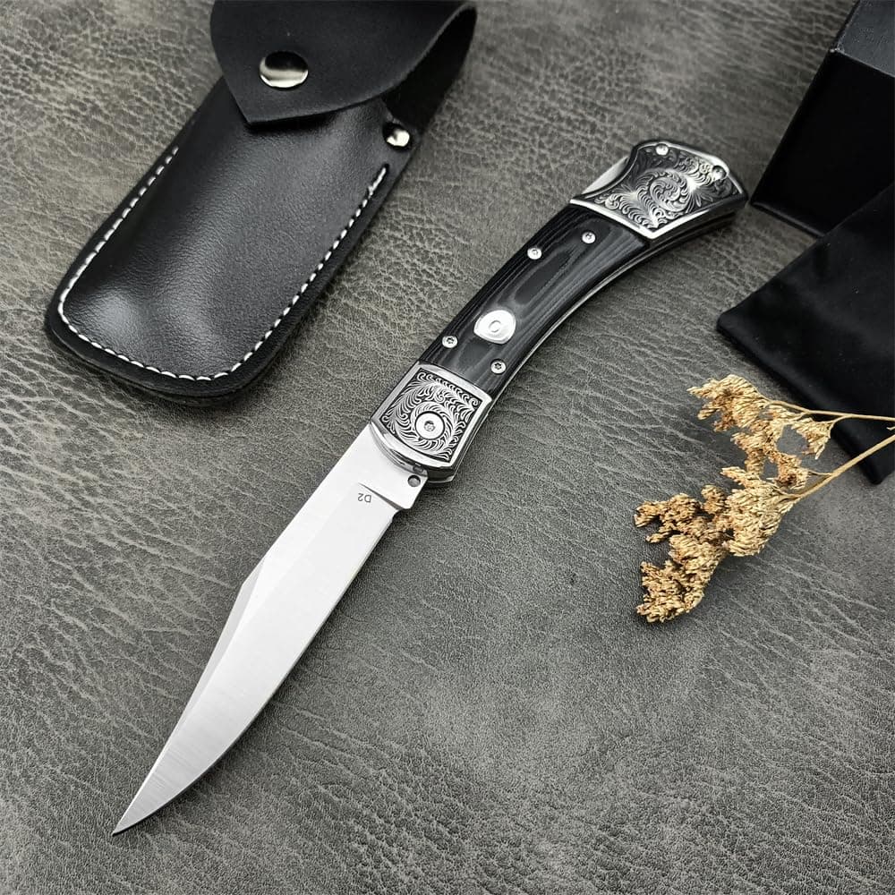 D2 Steel Blade Folding Knife with Micarta Handle (Black)