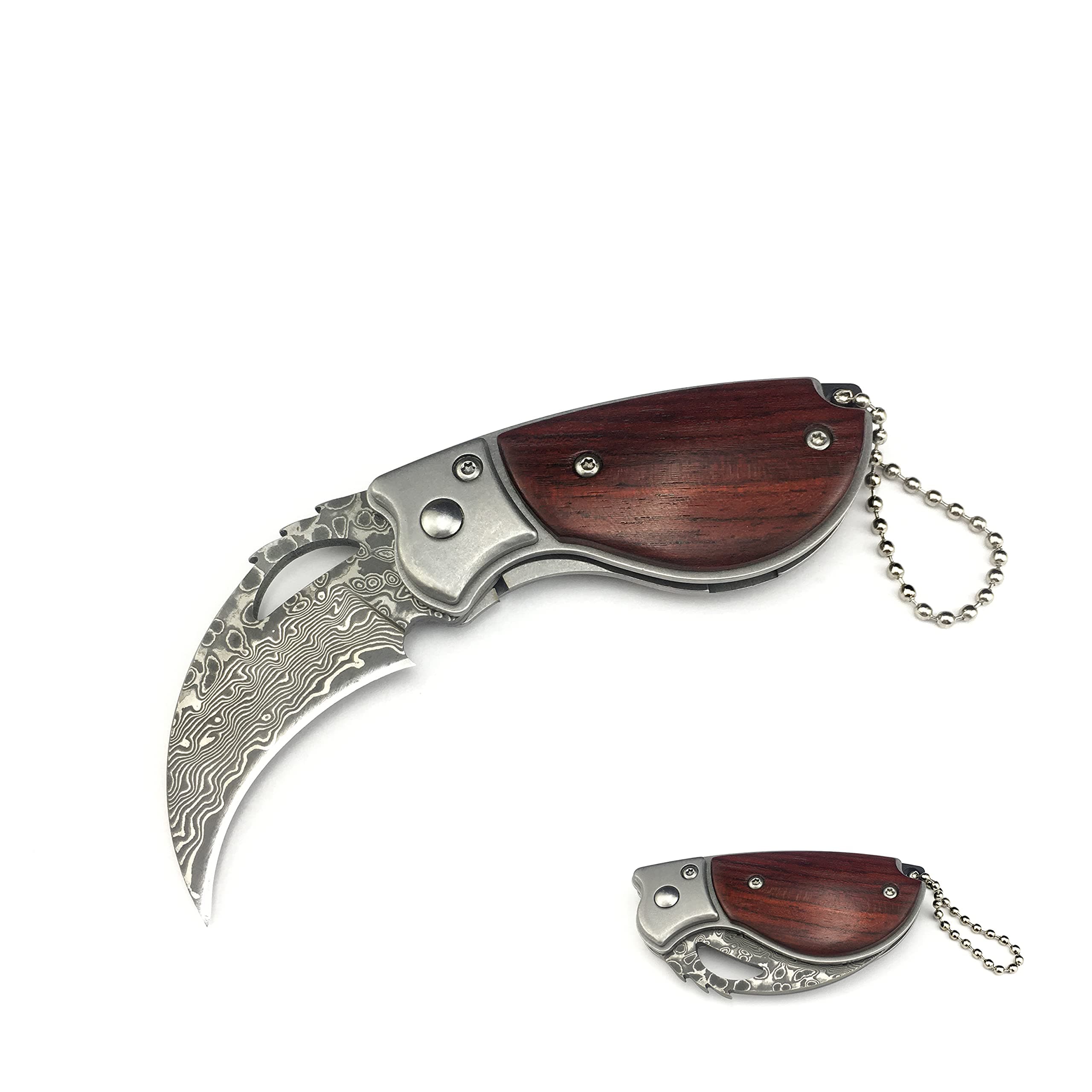HUAAO 4.6’’ Damascus Pocket Knife with Wood Handle, Liner Lock, Keychain, Men's Outdoor Gift