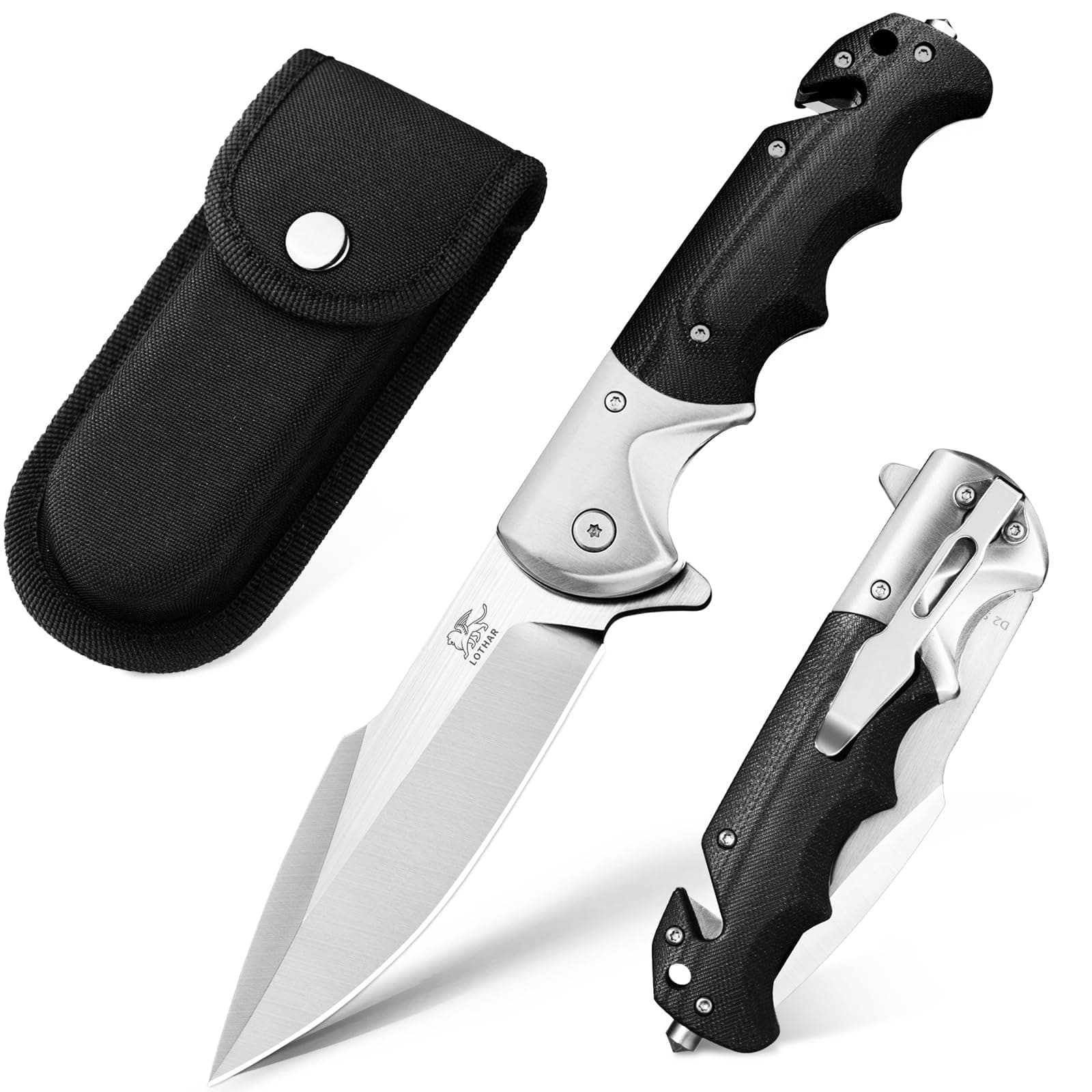 LOTHAR SMAUG 3.7 Inch D2 Steel Pocket Knife with G10 Handle & Glass Breaker