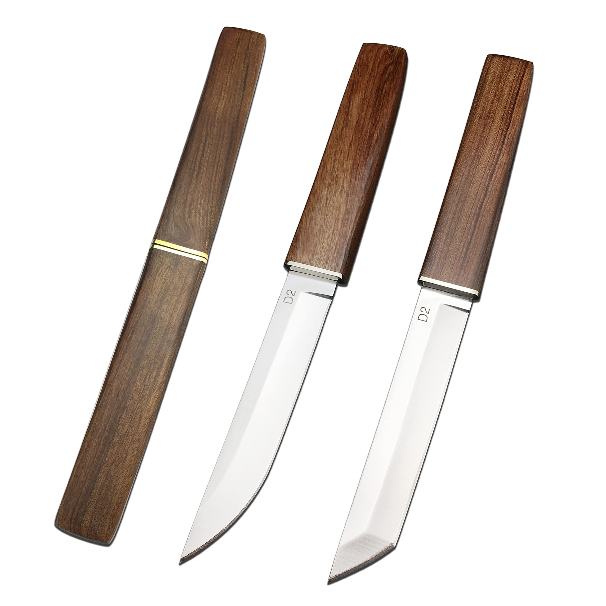 HUAAO 2PCS D2 Drop Point & Tanto Fixed Blade Knives with Wood Handle