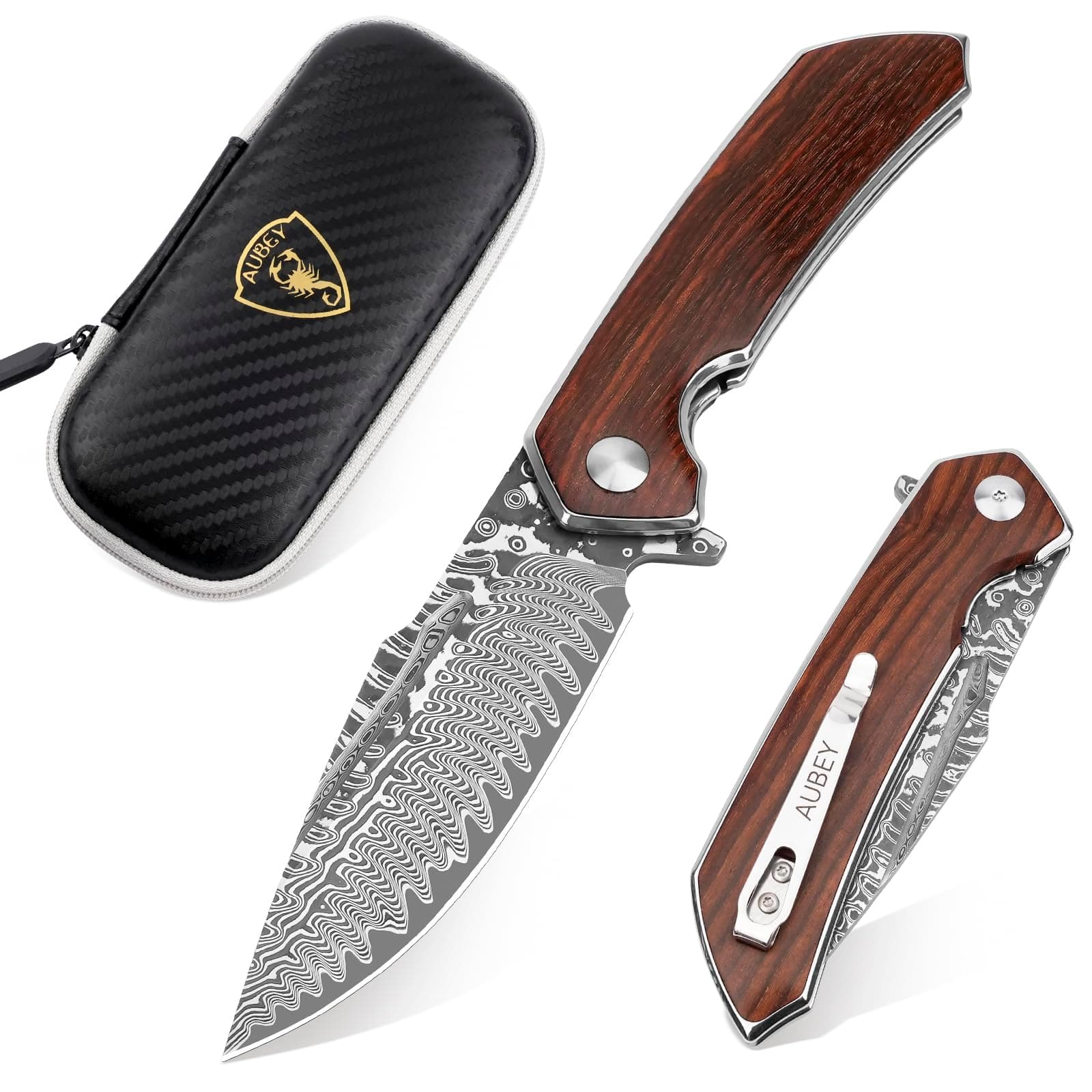 AUBEY Damascus Pocket Knife with Clip, Ball Bearing Blade, Wooden Handle (EDC)