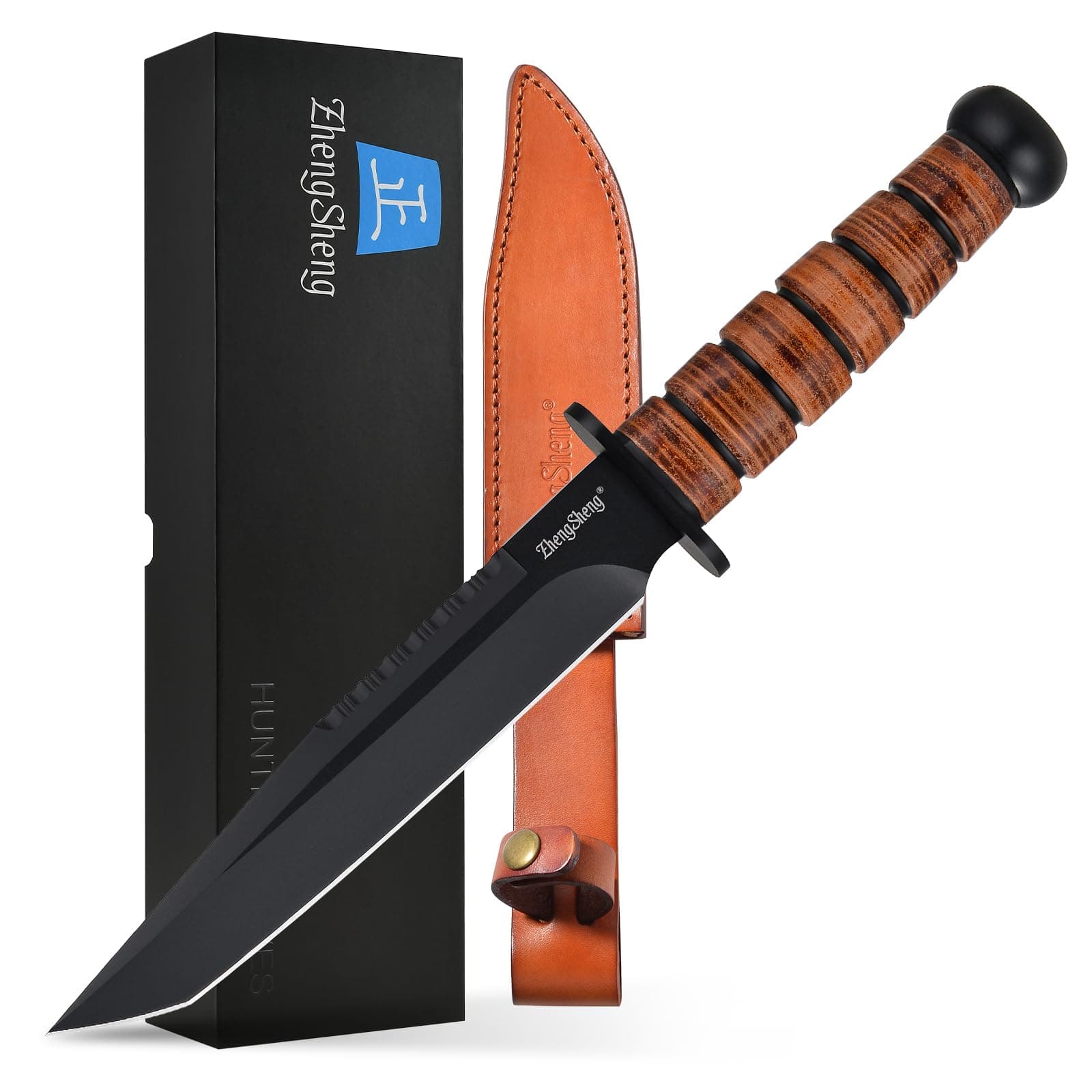 DC53 Steel Black Titanium PVD Coating 8.0" Fixed Blade Hunting Knife with Leather Sheath, Ergonomic Handle