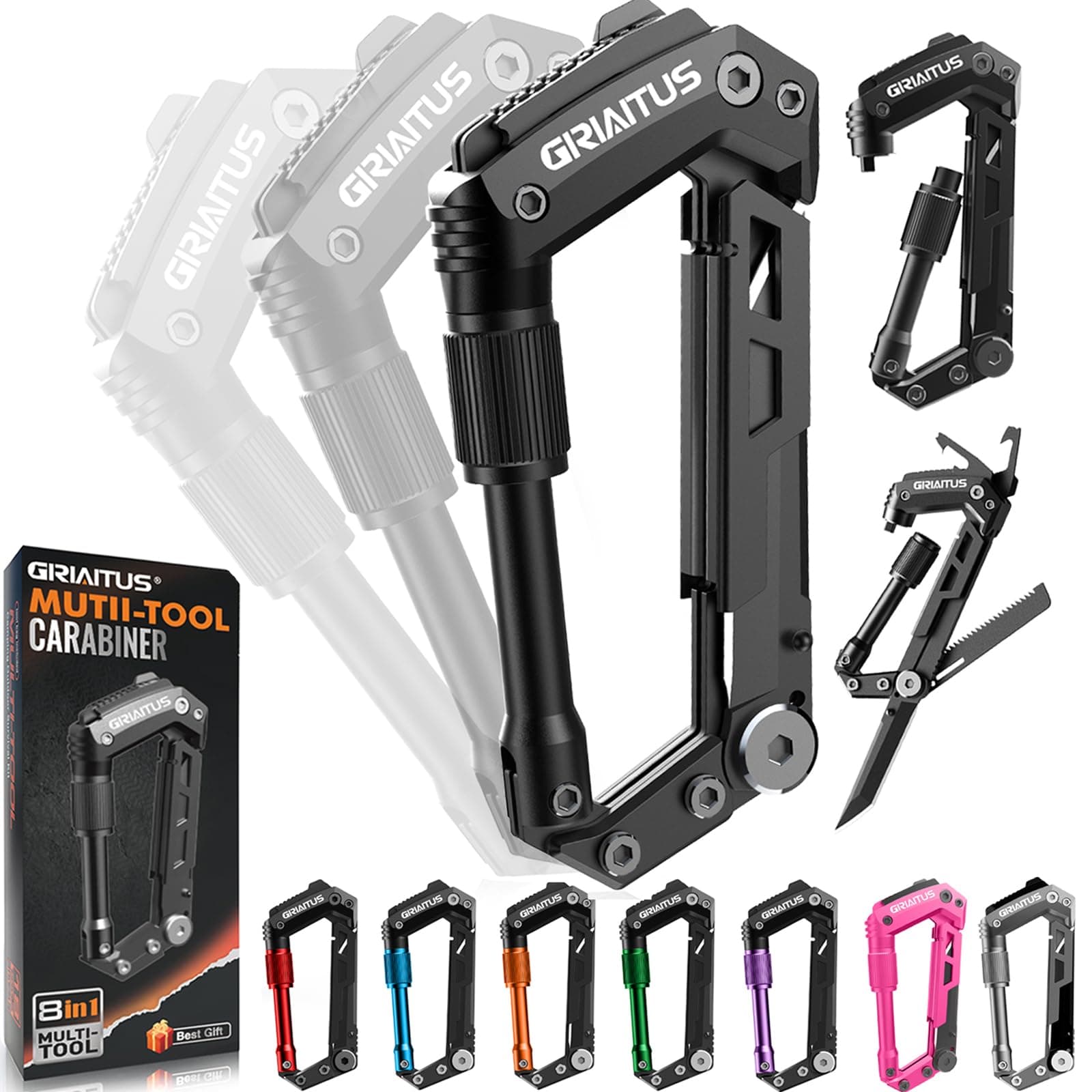 8-in-1 Carabiner Multitool EDC, Serrated Knife, Rope Cutter, Gifts for Men and Women (Black)