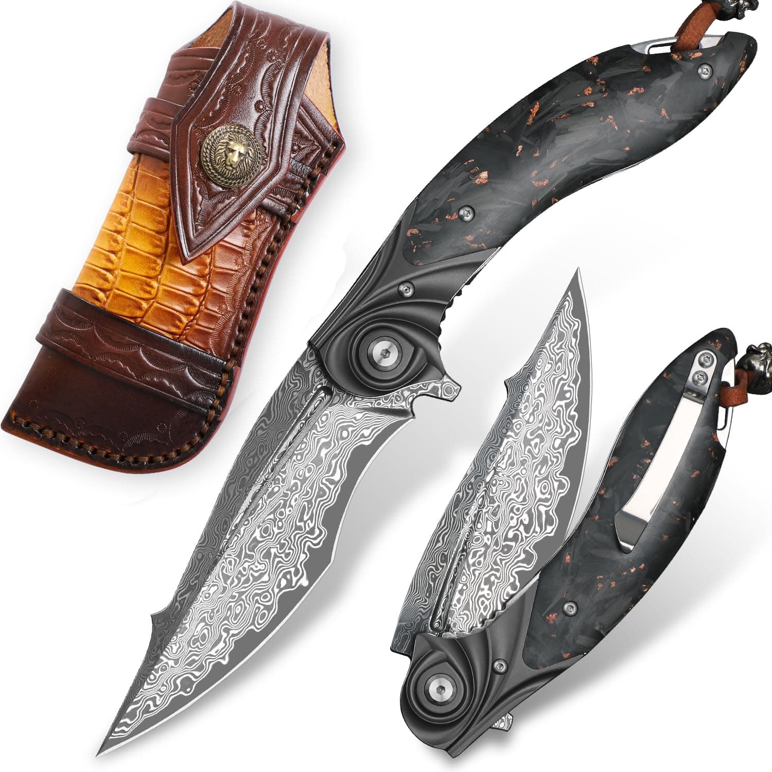 Japanese Damascus Steel Pocket Knife，Carbon Fiber Handle，EDCOutdoor Survival Gift