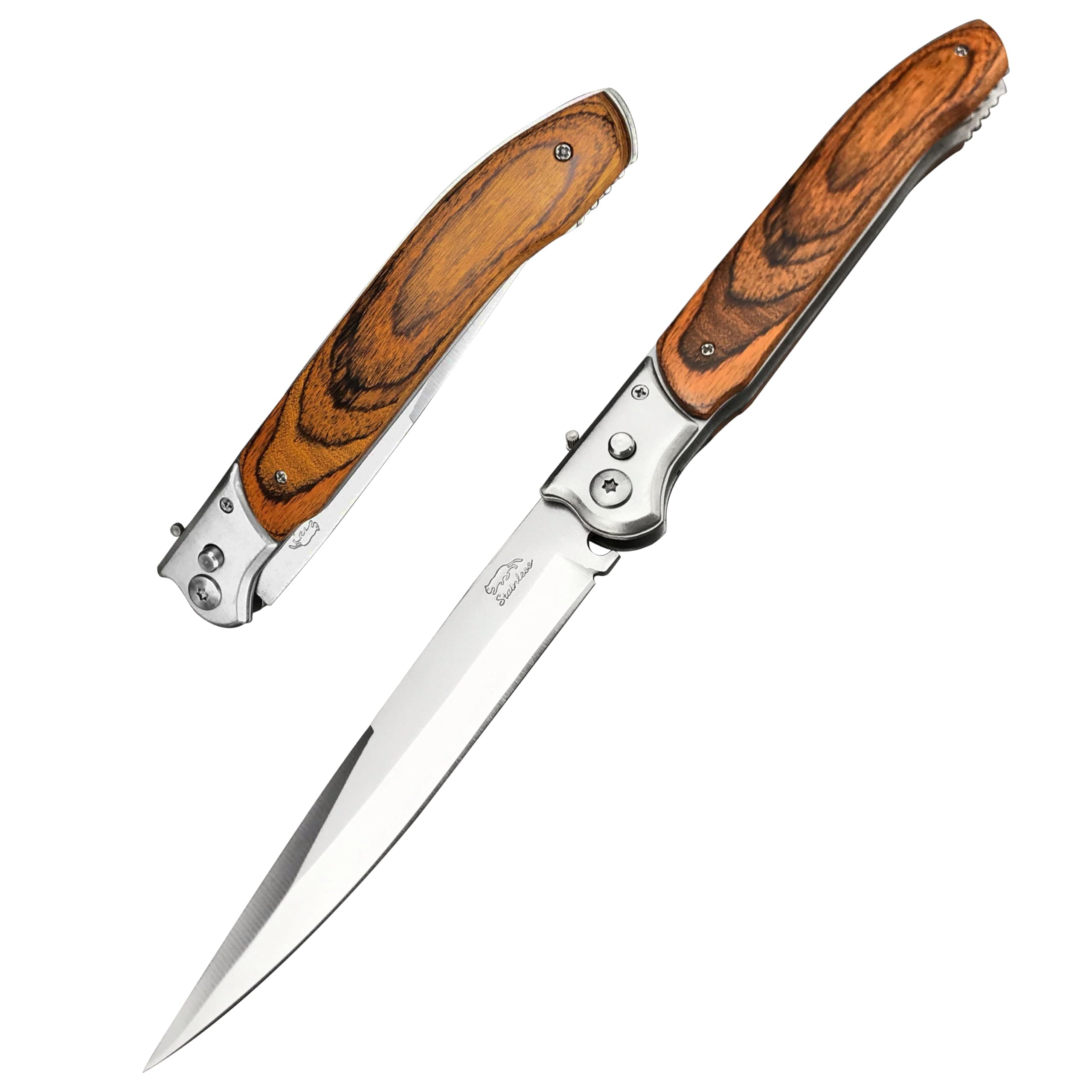 HUAAO 12" Large Push Button Lock Pocket Knife with Safety Lock, Pakkawood Handle EDC Tool