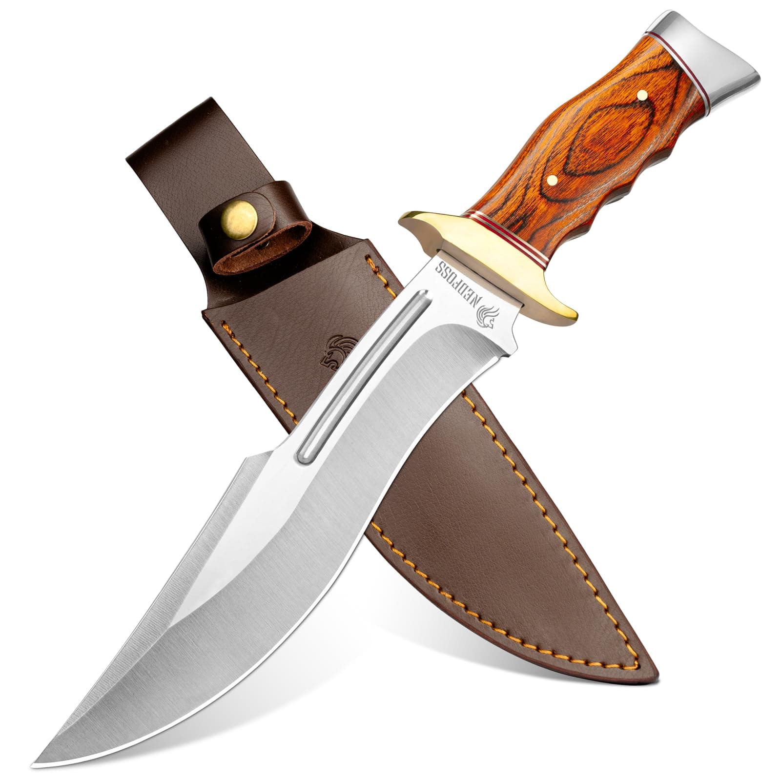 NedFoss SA78 Hunting Knife, 7" Fixed Blade, 440C StainlessSteel, Leather Sheath, Gifts for Men & Women
