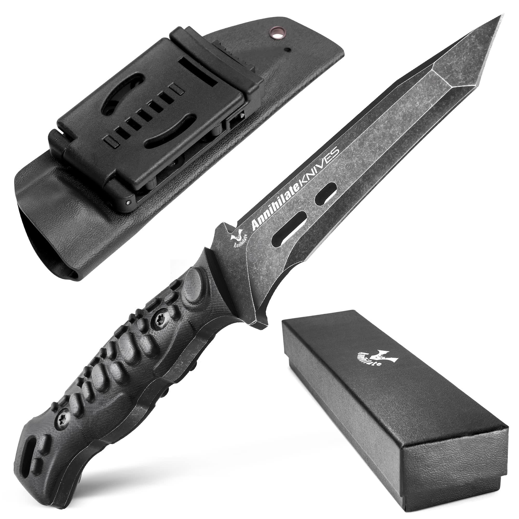 ZUNEOOTactical Survival Knife Kydex Sheath D2 Steel Full Tang Black