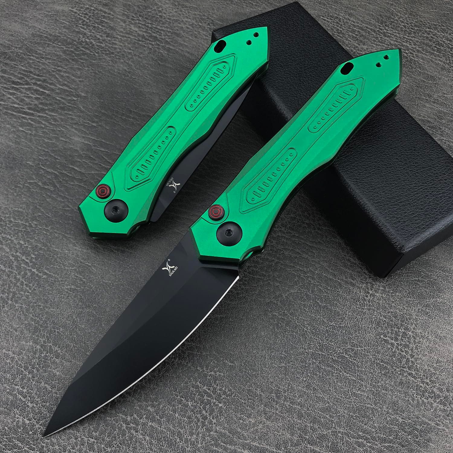 EDC Folding Knife for Men, Button Lock, 3.35in 9Cr18MoV Steel, Green Aluminum Handle, Sharp Camping Knife (Green)