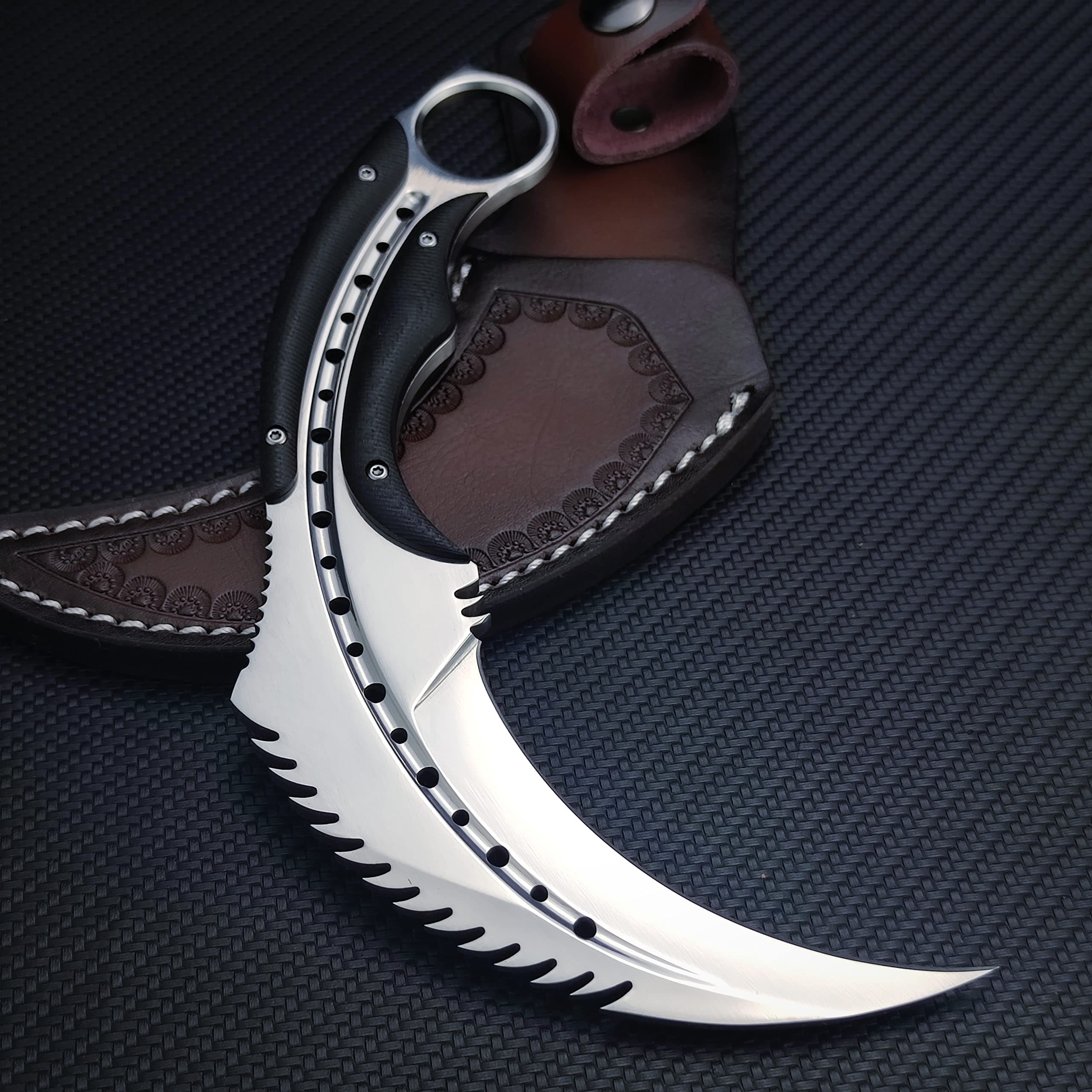 HUAAO Karambit Knife with Leather Sheath & Fixed Blade