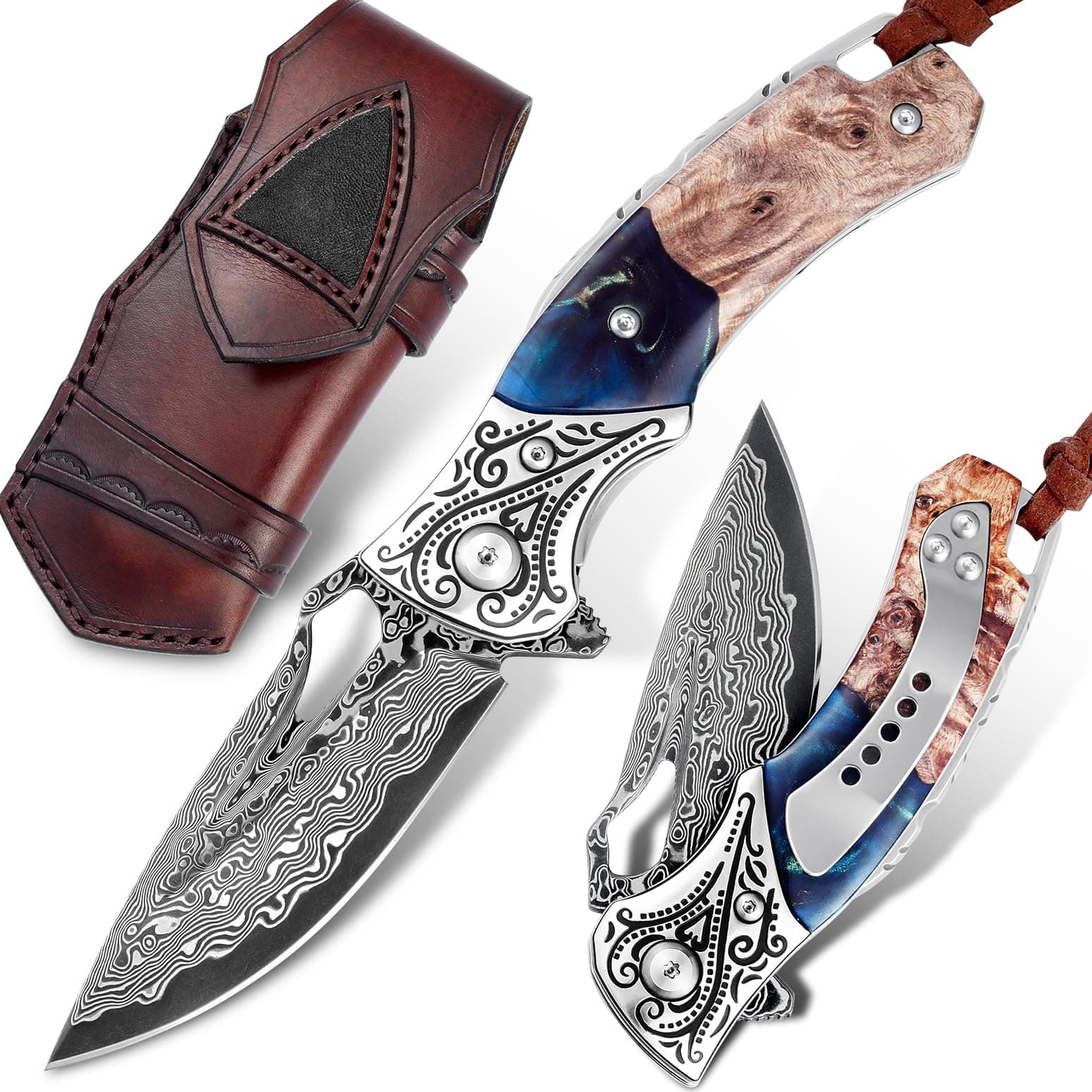 VNLA Damascus Folding Pocket Knife: Resin Maple Leaf Handle, Leather Case, Hiking EDC