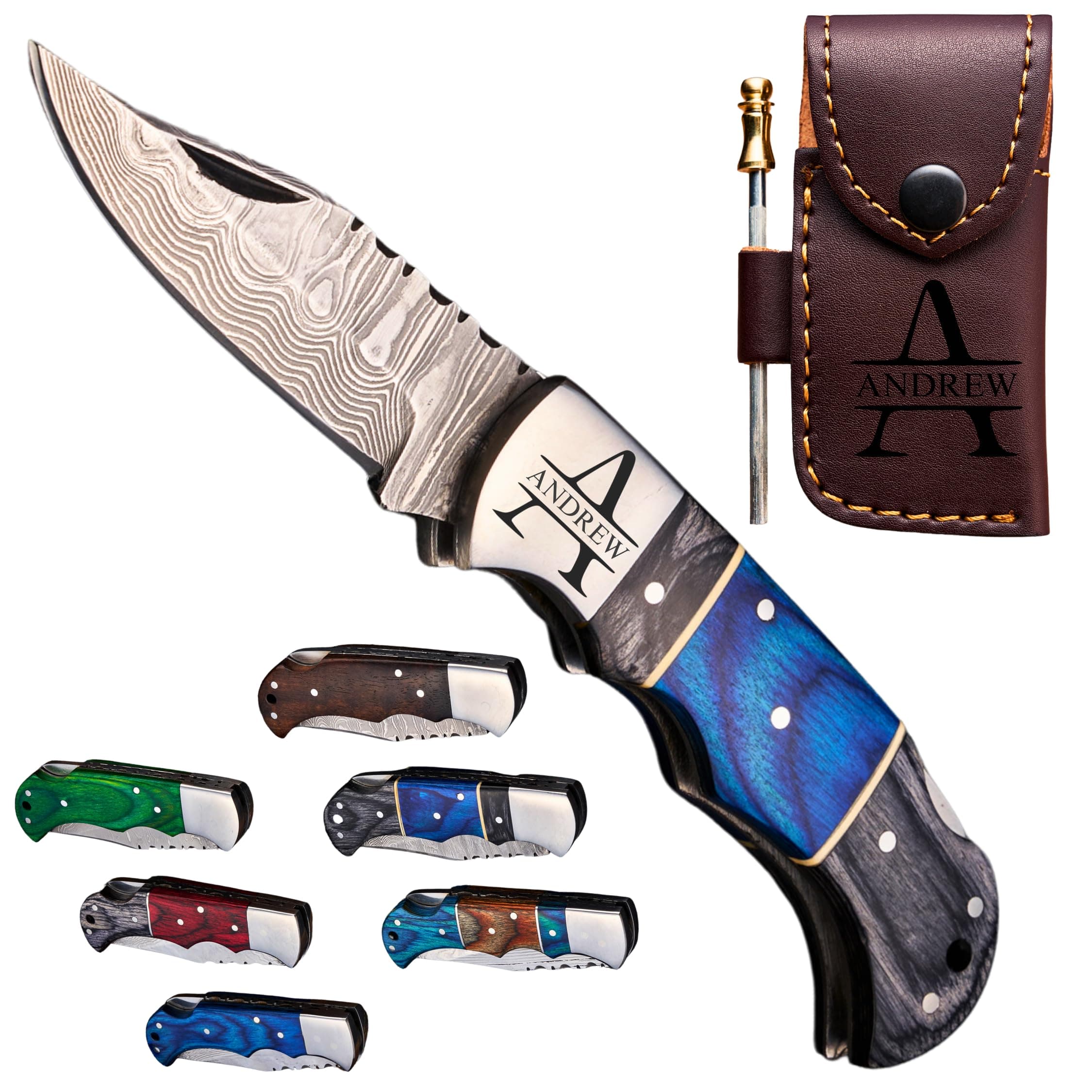 Personalized Damascus Pocket Knife - Hunting Knife for Men, Wood Handle, Survival Gifts for Dad