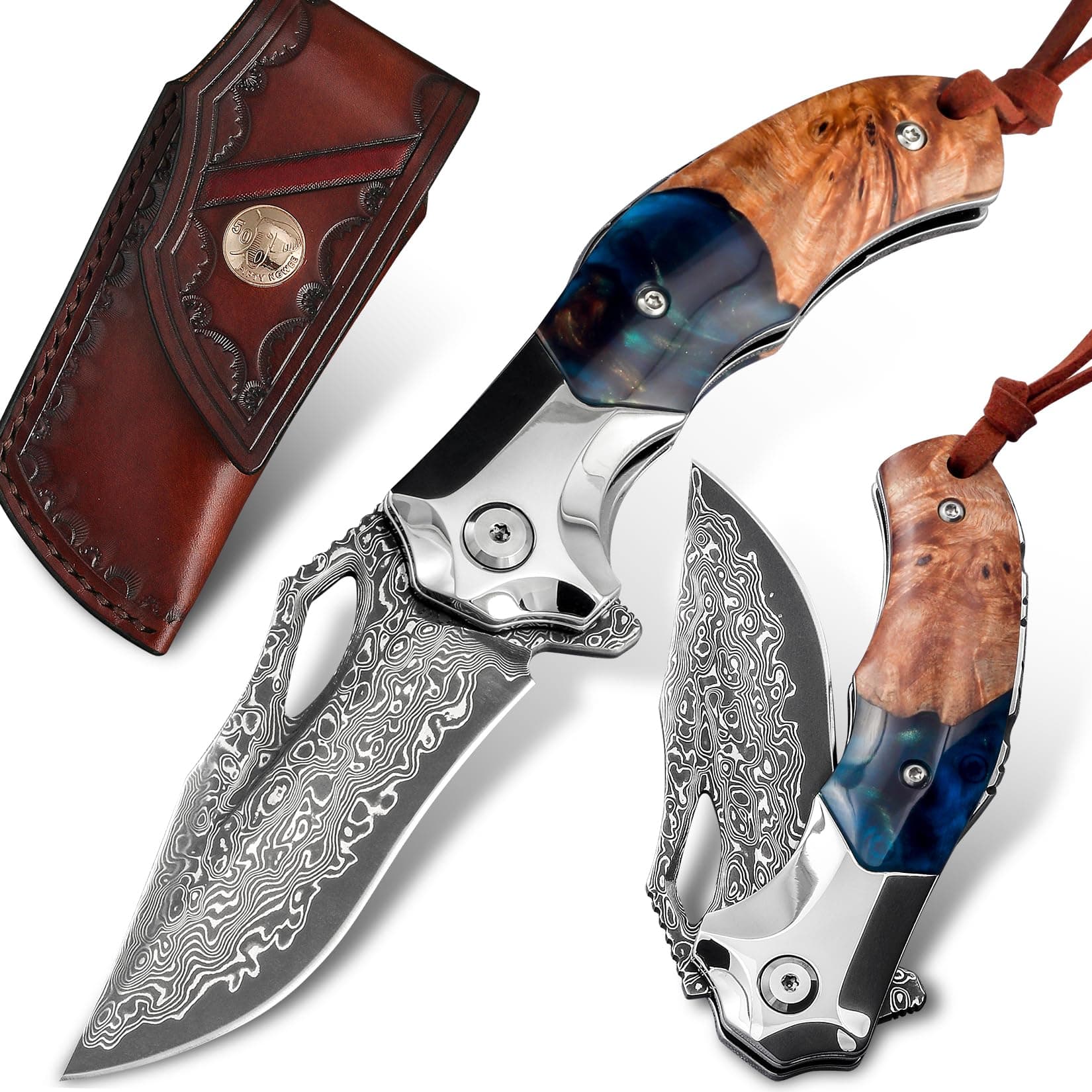 Retro Damascus Steel Folding Knife with Leather Sheath for Mens Gift