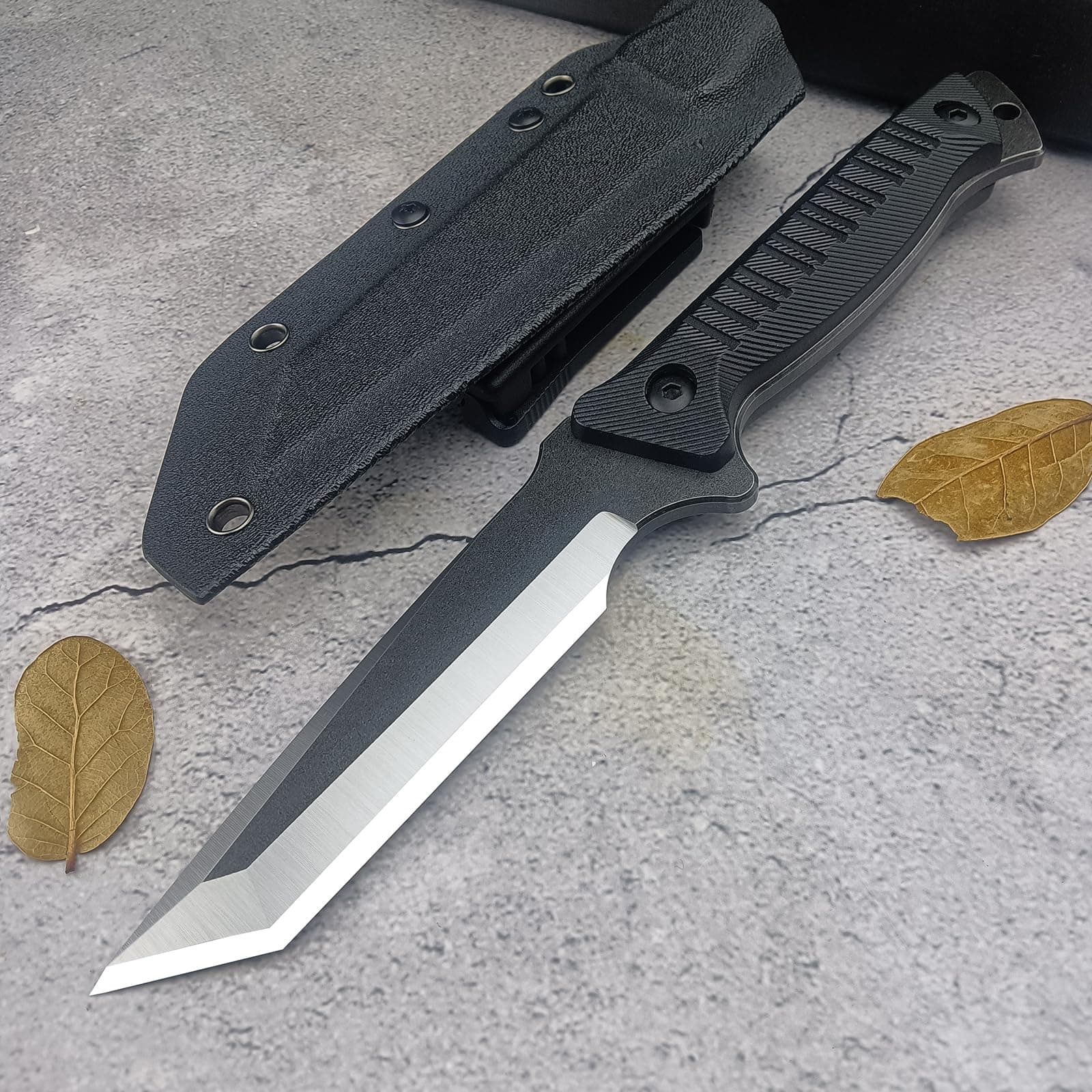 8Cr13Mov Full Tang Survival Knife, Kydex Sheath, Outdoor Hunting Knife (Black)