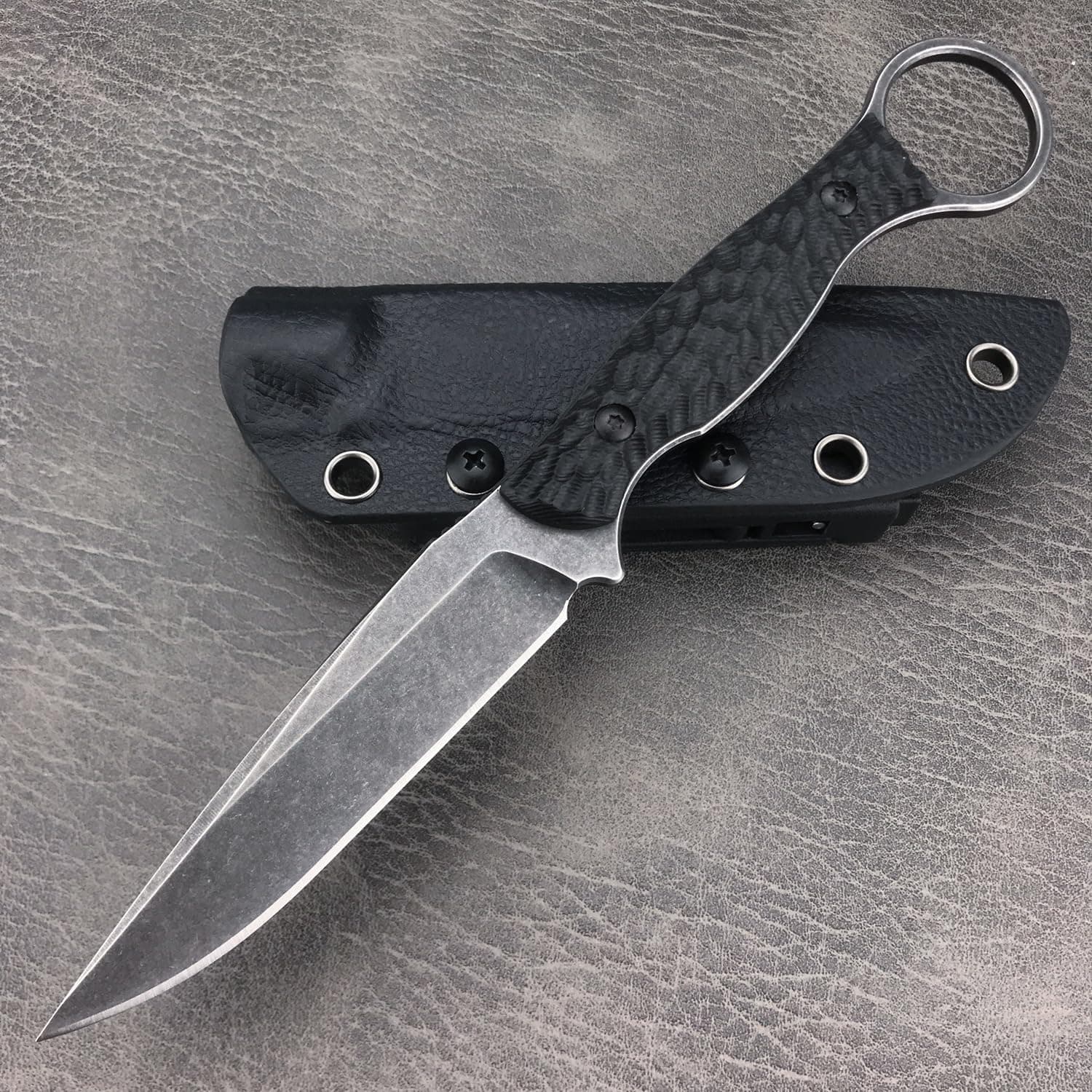 8Cr13MOV Full Tang Survival Knife with Kydex Sheath & Finger Loop (Black)