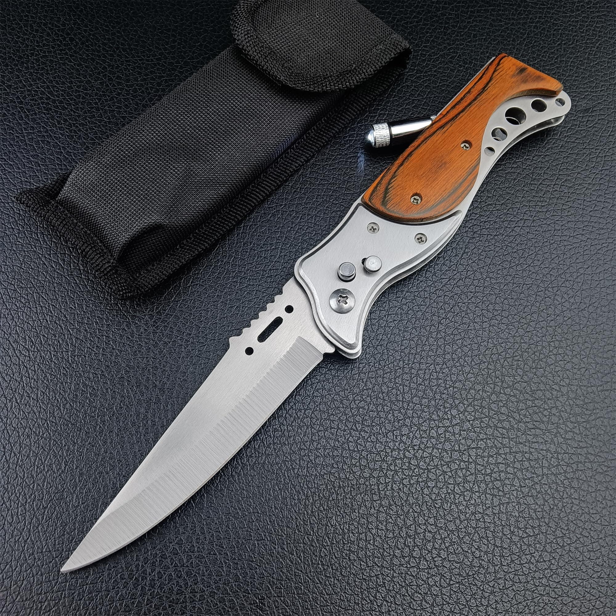 Stainless Steel 9.6 Inch Tactical Hunting Folding Knife with Flashlight, Men's Outdoor Survival Tool