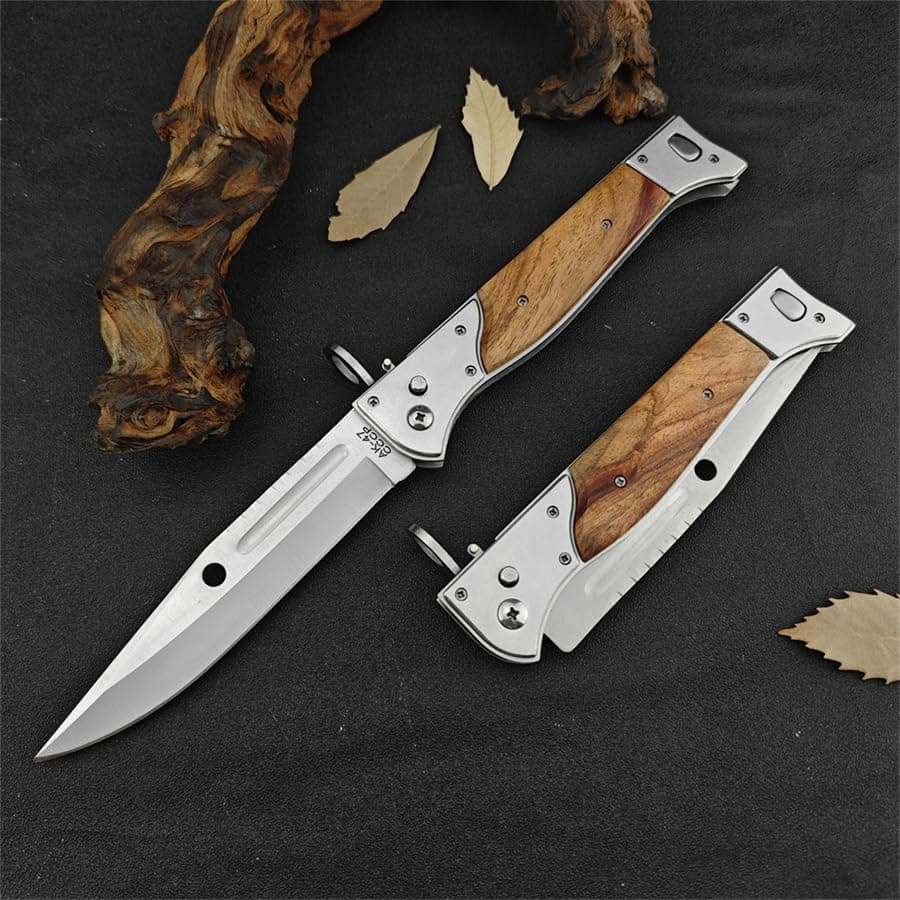 Goshawk AK47 13" Large Button Lock Tactical Knife,440C Steel,Wood Handle,EDC Gift for Men