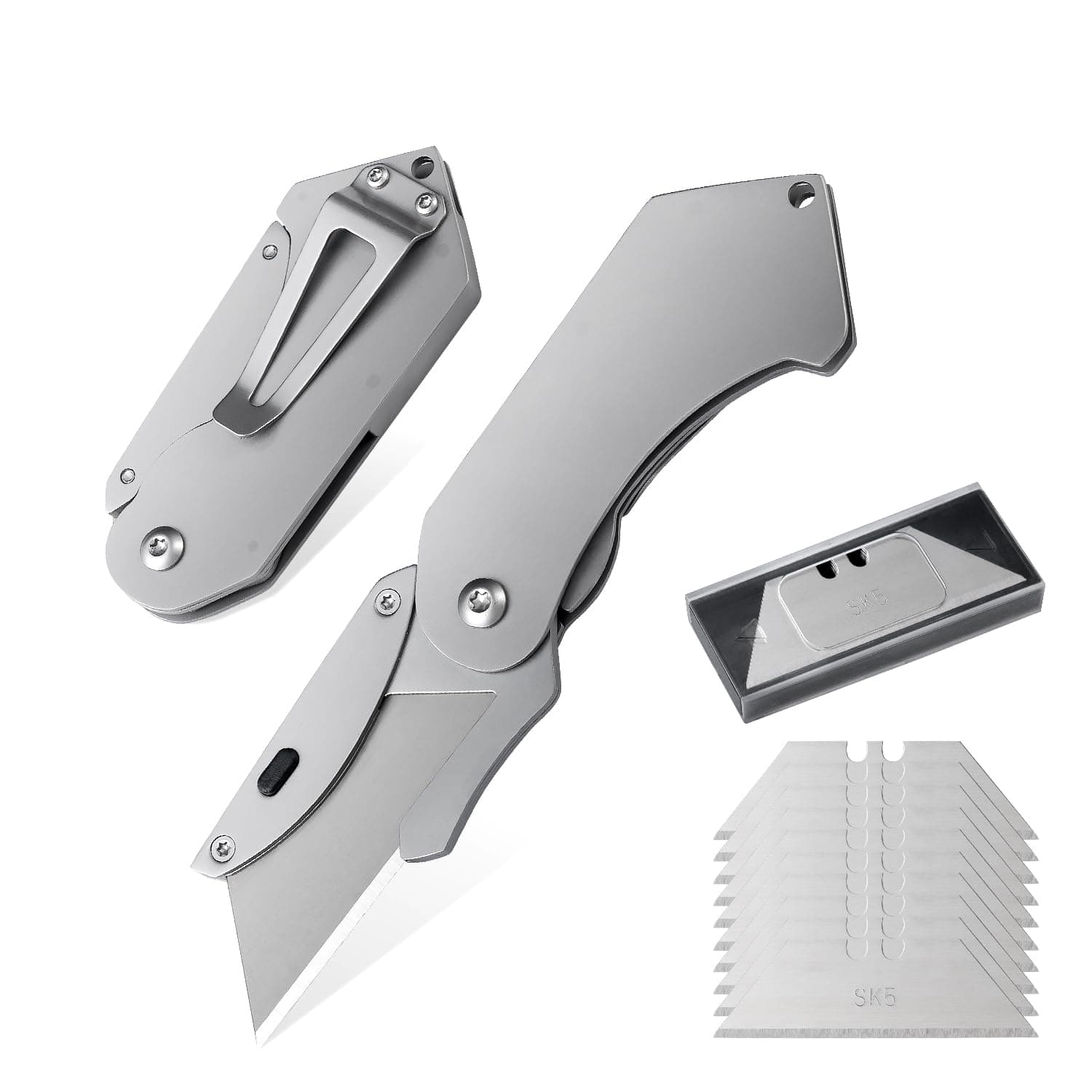 Mini Box Cutter with 10 Replaceable Blades, EDC Folding Utility Knife, Stainless Steel