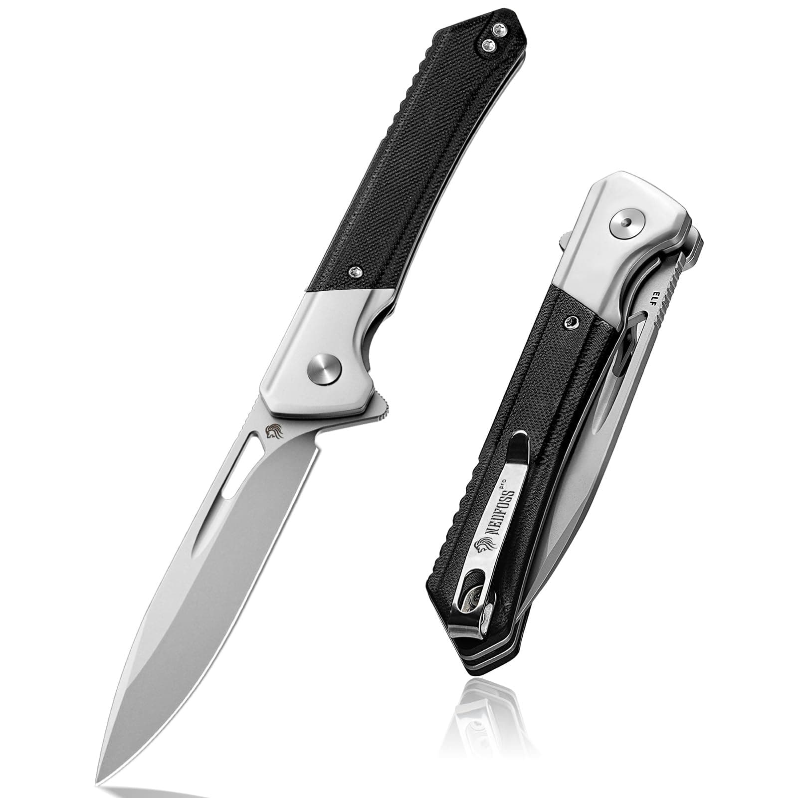 NedFoss D2 Blade Pocket Knife, 3.3", G10 Handle, Flipper Open, Deep Carry Clip