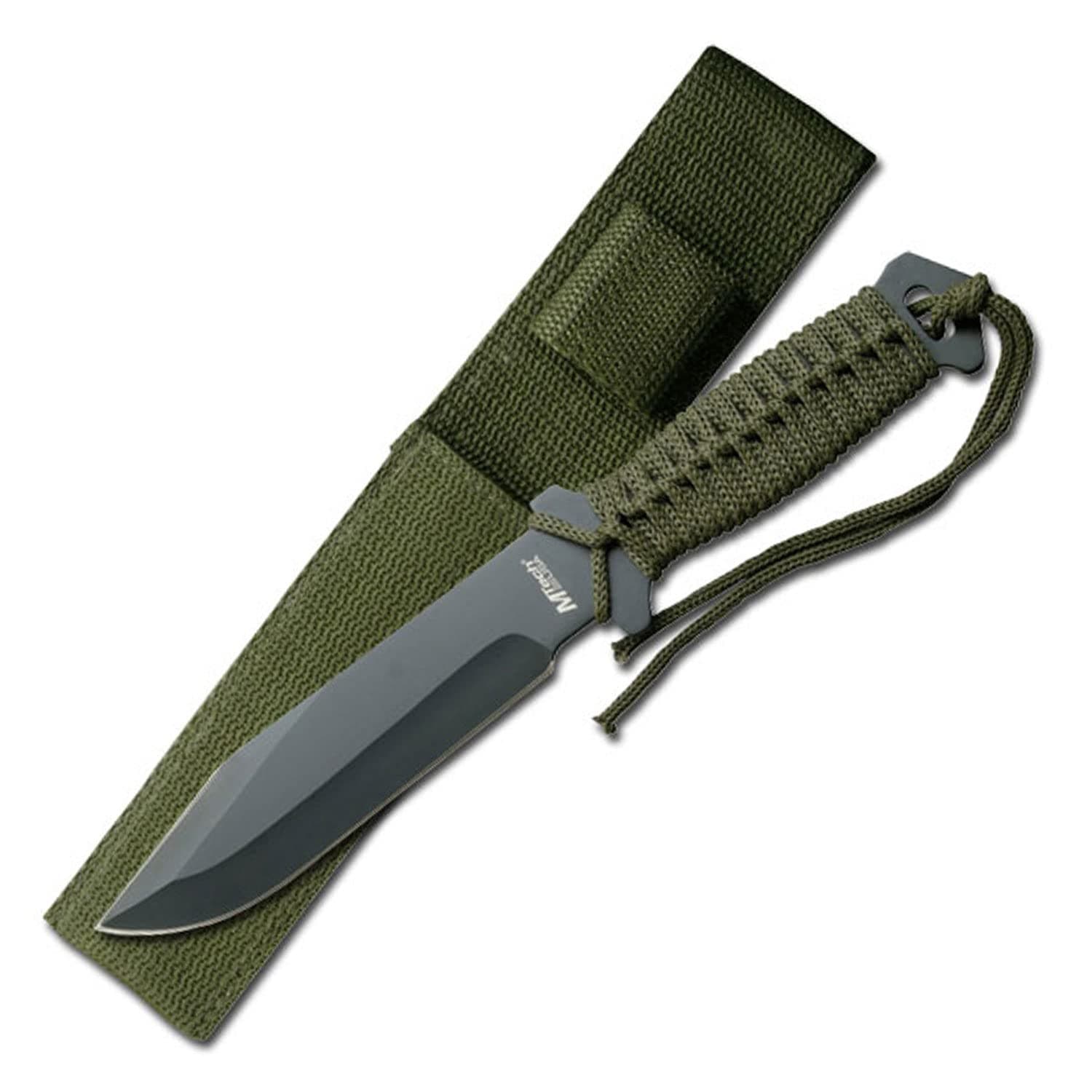 MTECH USA Black Fixed Blade Knife - Green Cord Handle, Full Tang, Nylon Sheath - Hunting, Camping, Survival - MT-528C, S