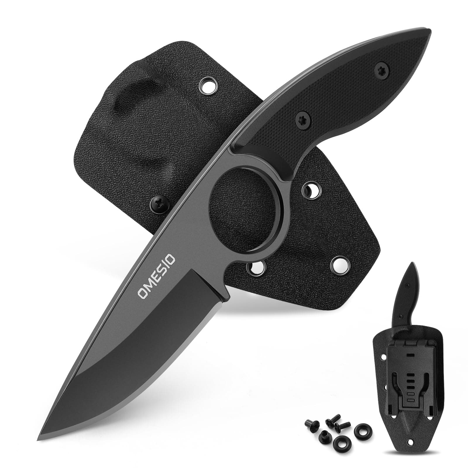 Omesio Tactical Hunting Camping Knife, Kydex Sheath, G10 Handle, Black, Gift Box