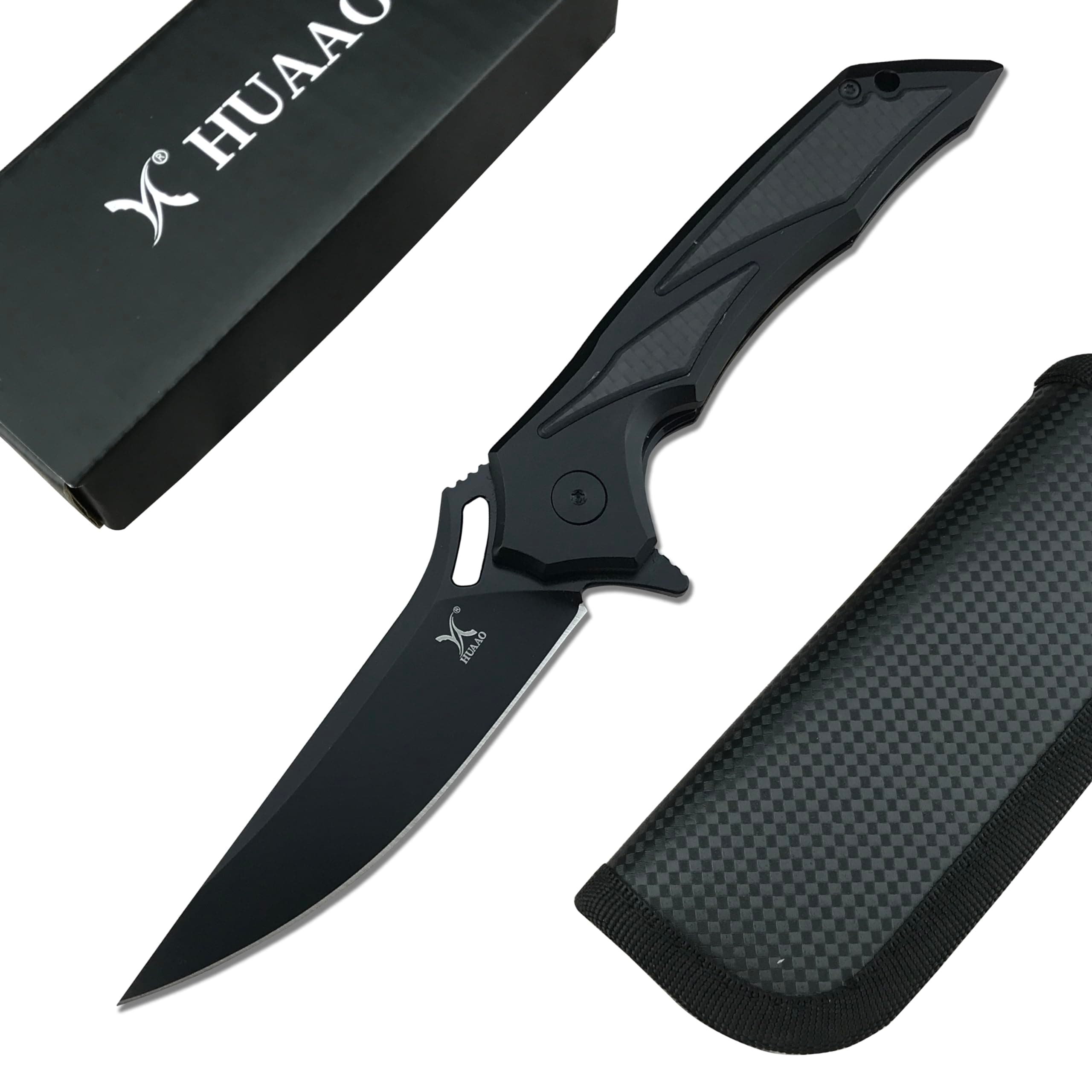 HUAAO Black 3.7” D2 Blade Pocket Knife for Men Outdoor Survival Camping