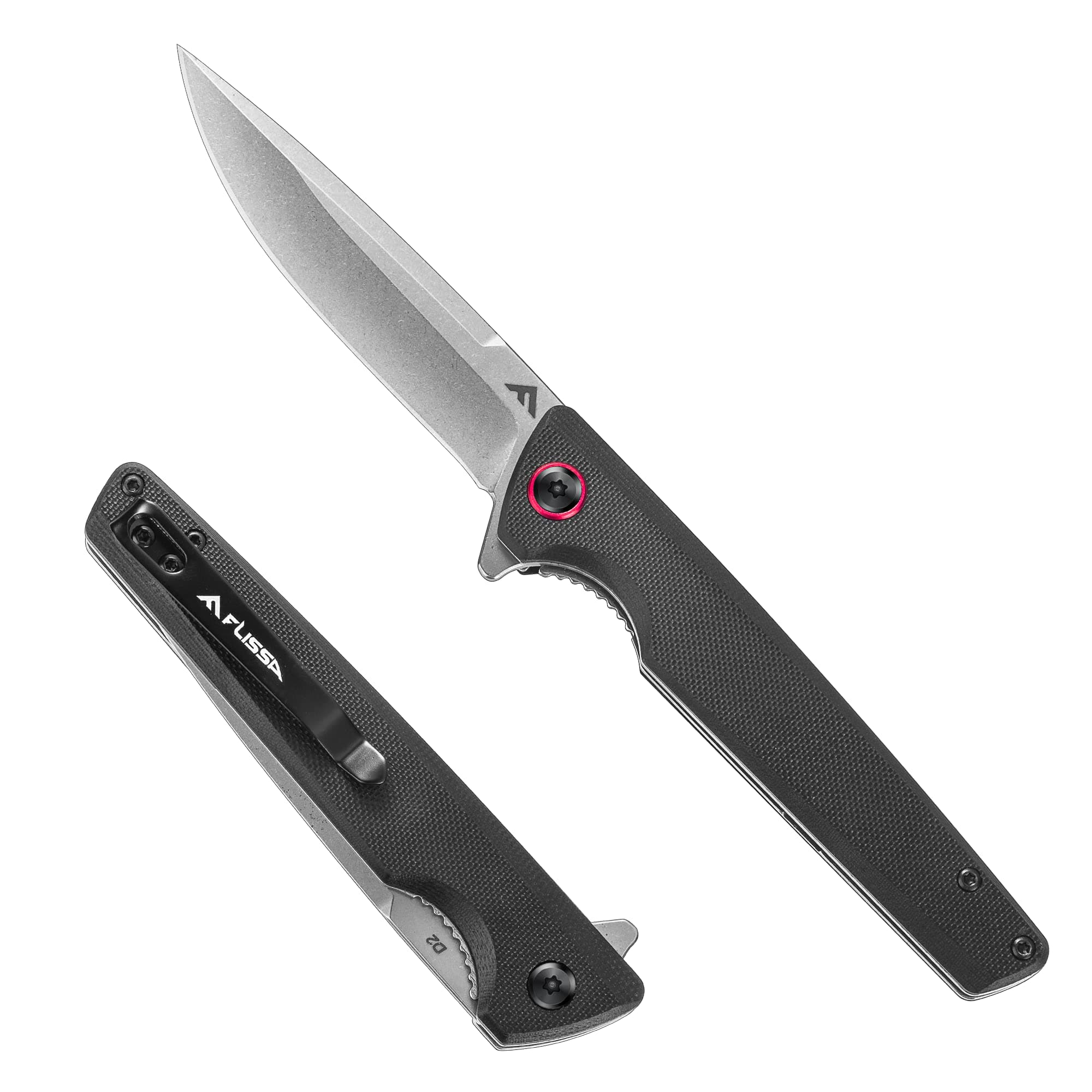 Flissa Pocket Knife, 4 Inch D2 Blade, G10 Handle, Black for Outdoors, Hiking, Camping
