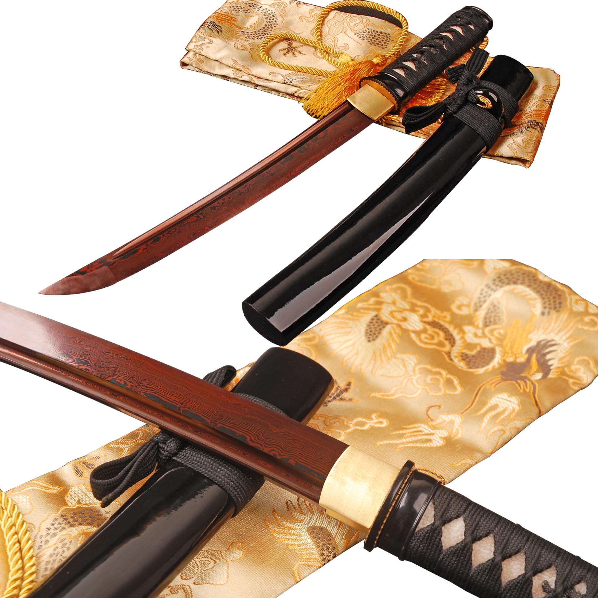 12 Inch Damascus Steel Roasted Red Tanto Sword Full Tang